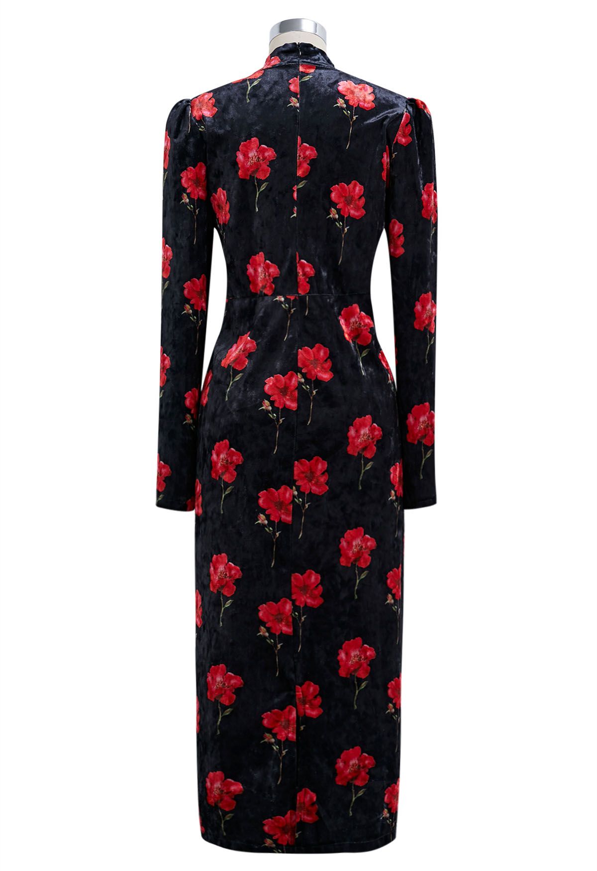 Velvet Floral Printed Tie Sash Midi Dress in Black