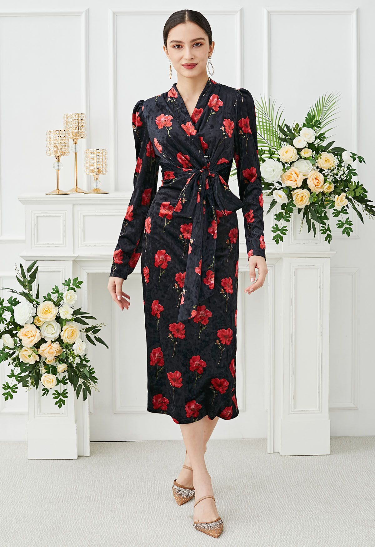 Velvet Floral Printed Tie Sash Midi Dress in Black