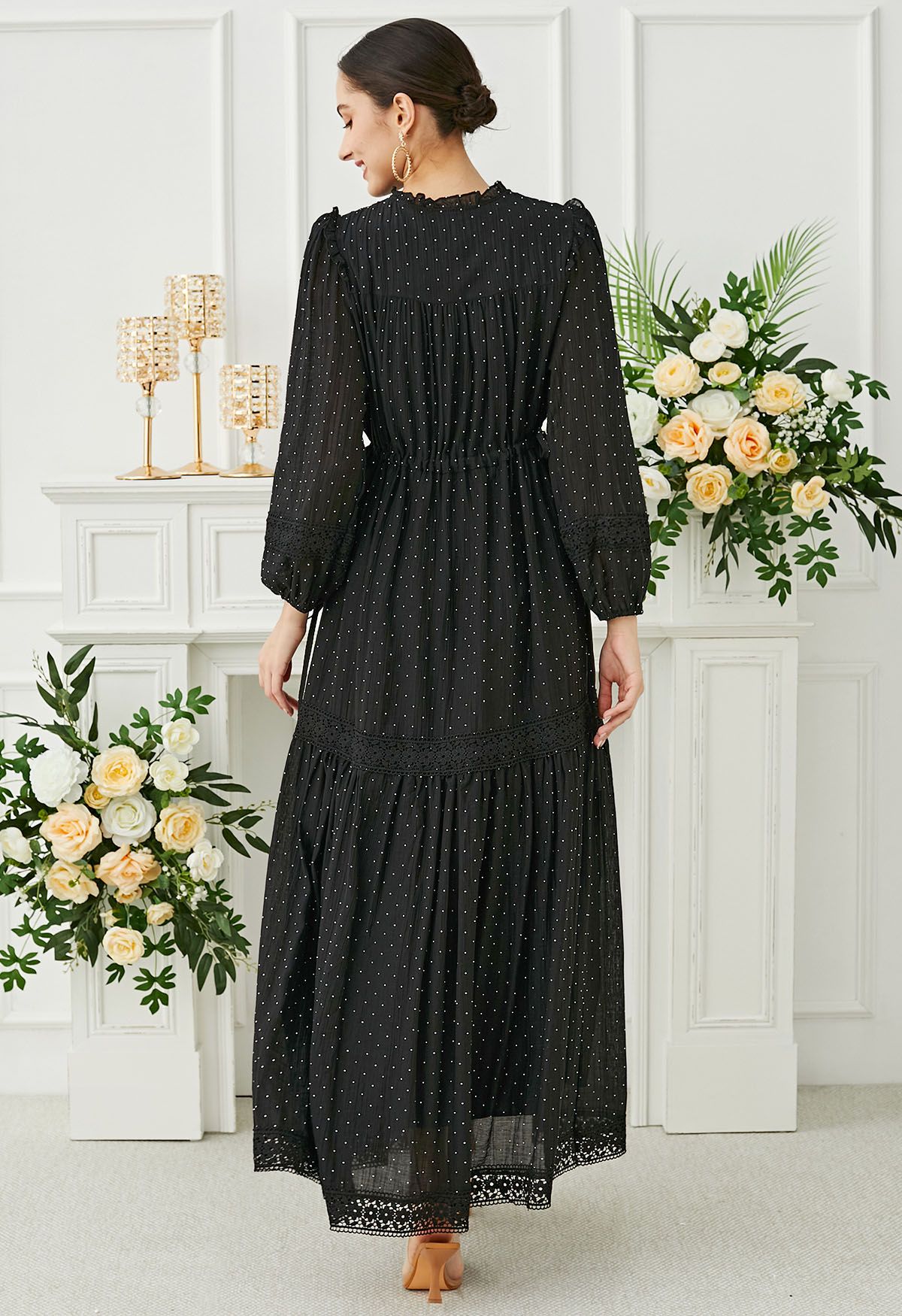 Rhinestone Dots Crochet Buttoned Maxi Dress in Black