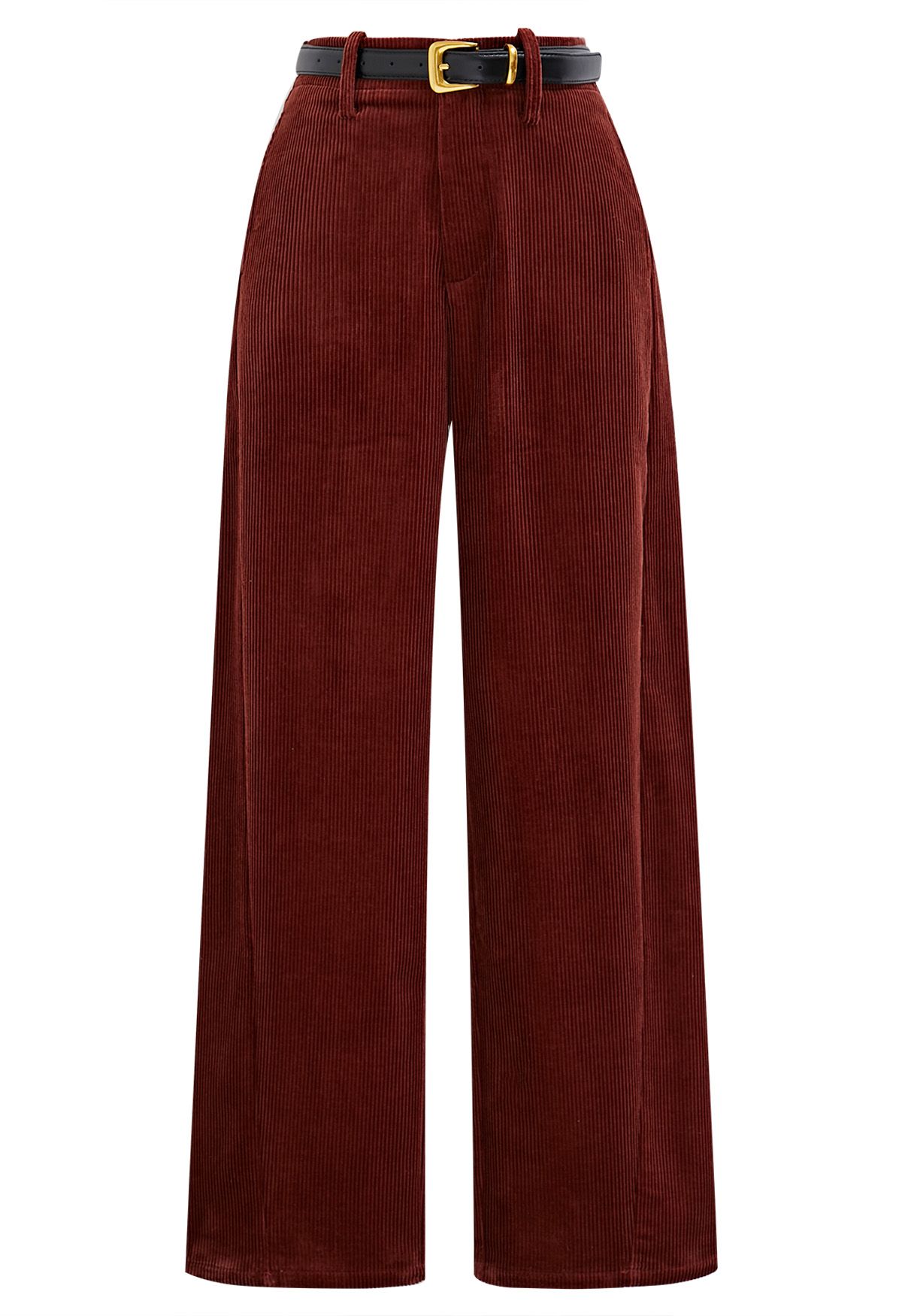 Sturdy Corduroy Belted Straight-Leg Pants in Burgundy