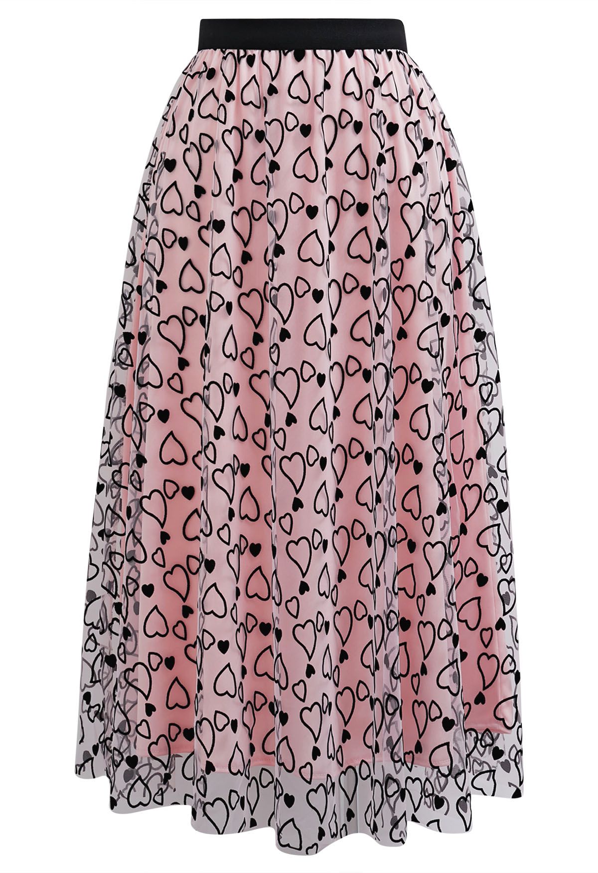 Endearing Velvet Heart Mesh Midi Skirt in Pink