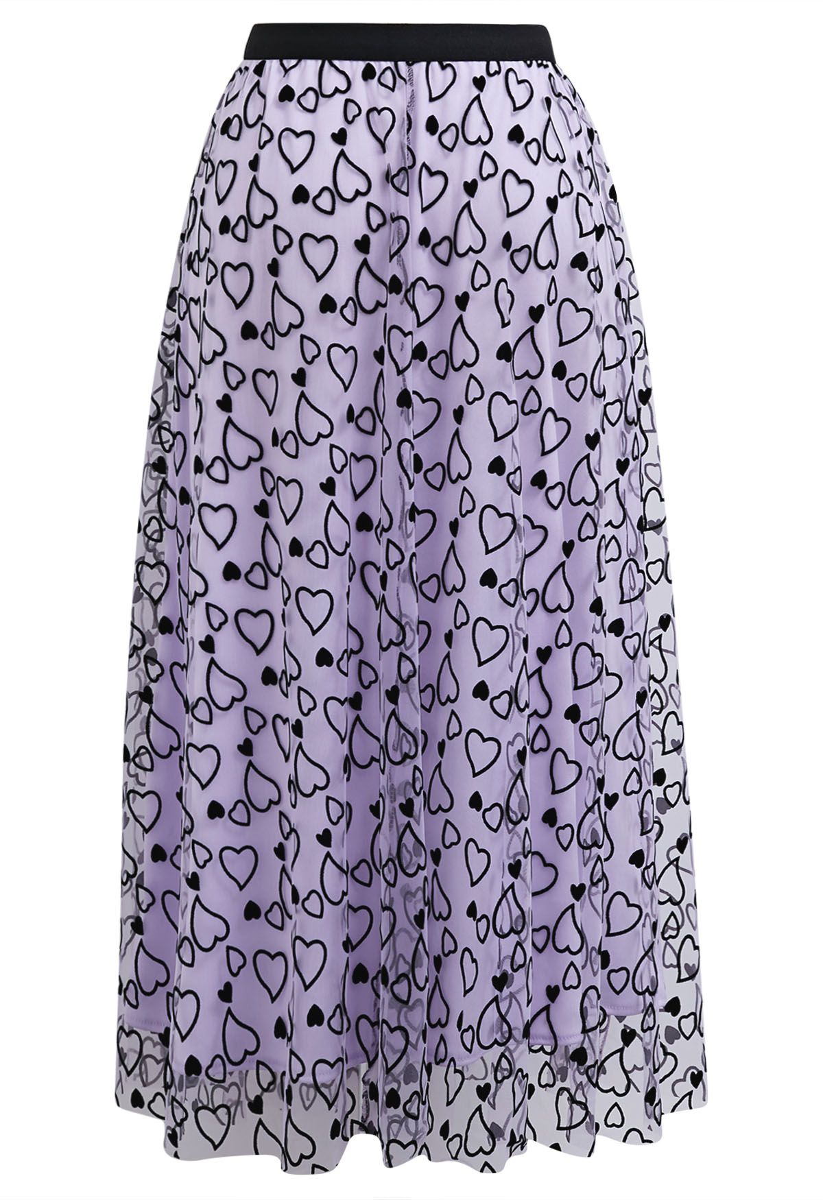 Endearing Velvet Heart Mesh Midi Skirt in Lilac