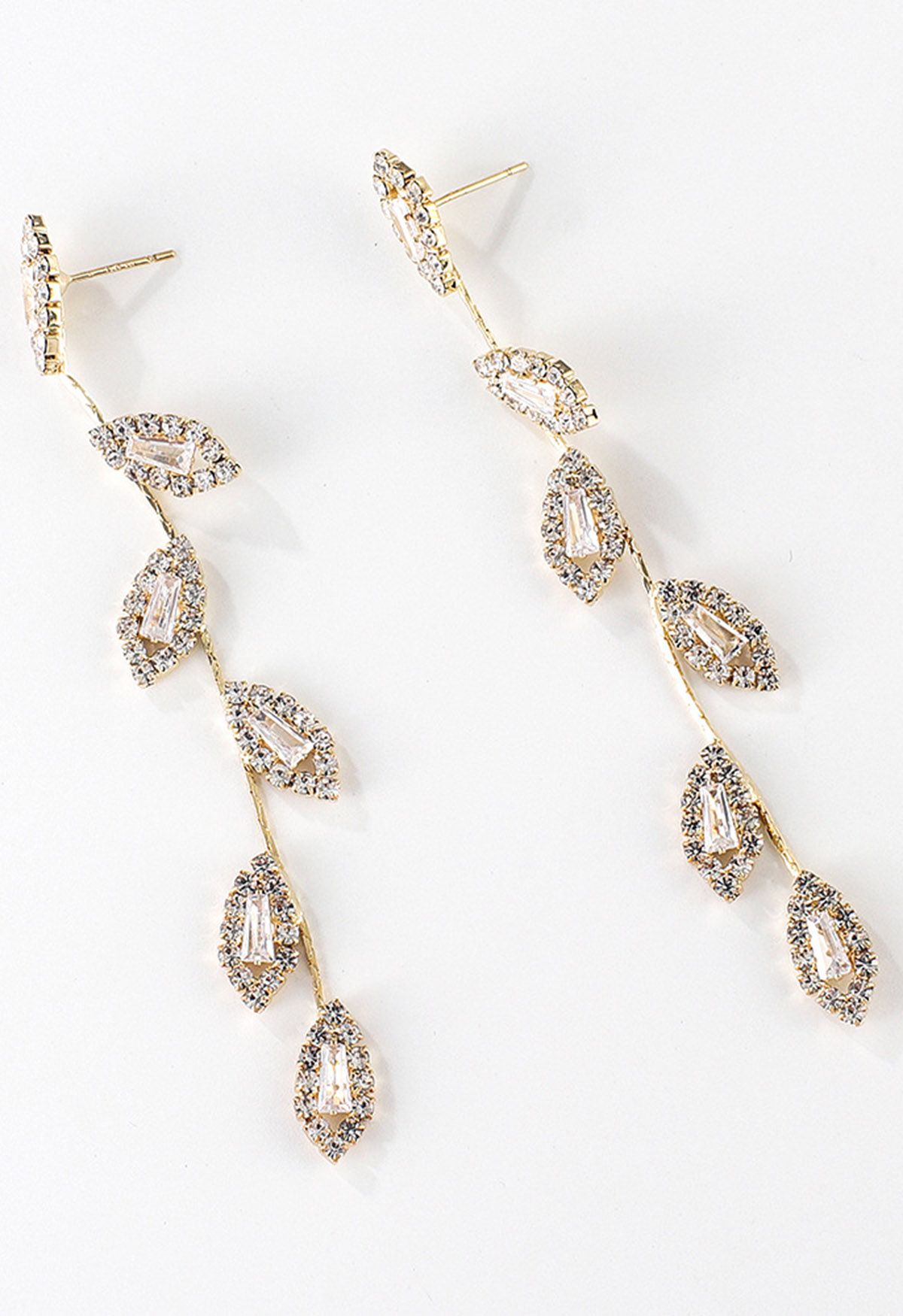 Leaves and Branches Rhinestone Drop Earrings in Gold