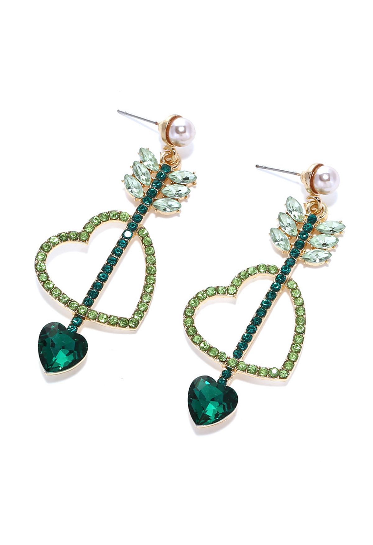 Love Arrows Rhinestone Drop Earrings in Green