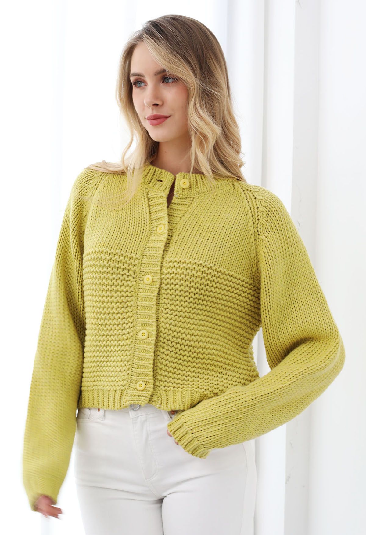 Chunky Buttoned Garter Stitch Knit Cardigan in Lime