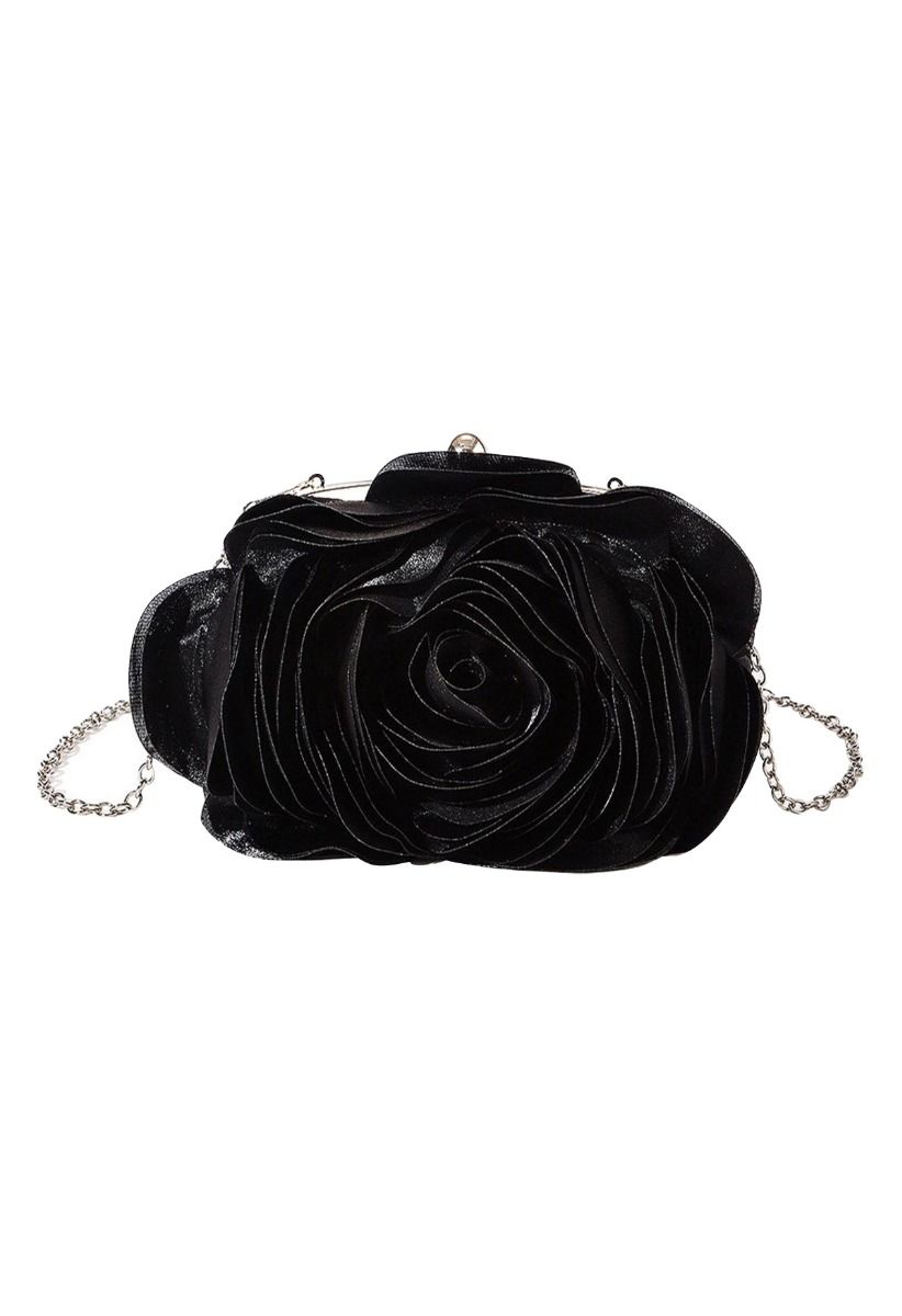 3D Rose Petal Satin Clutch in Black