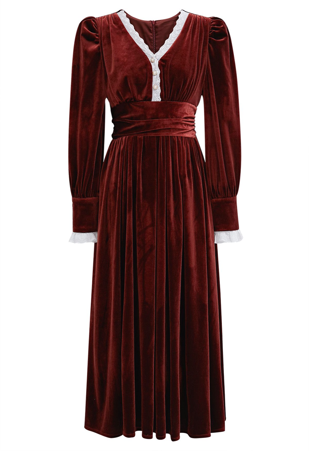 V-Neck Eyelet Embroidery Velvet Midi Dress in Burgundy