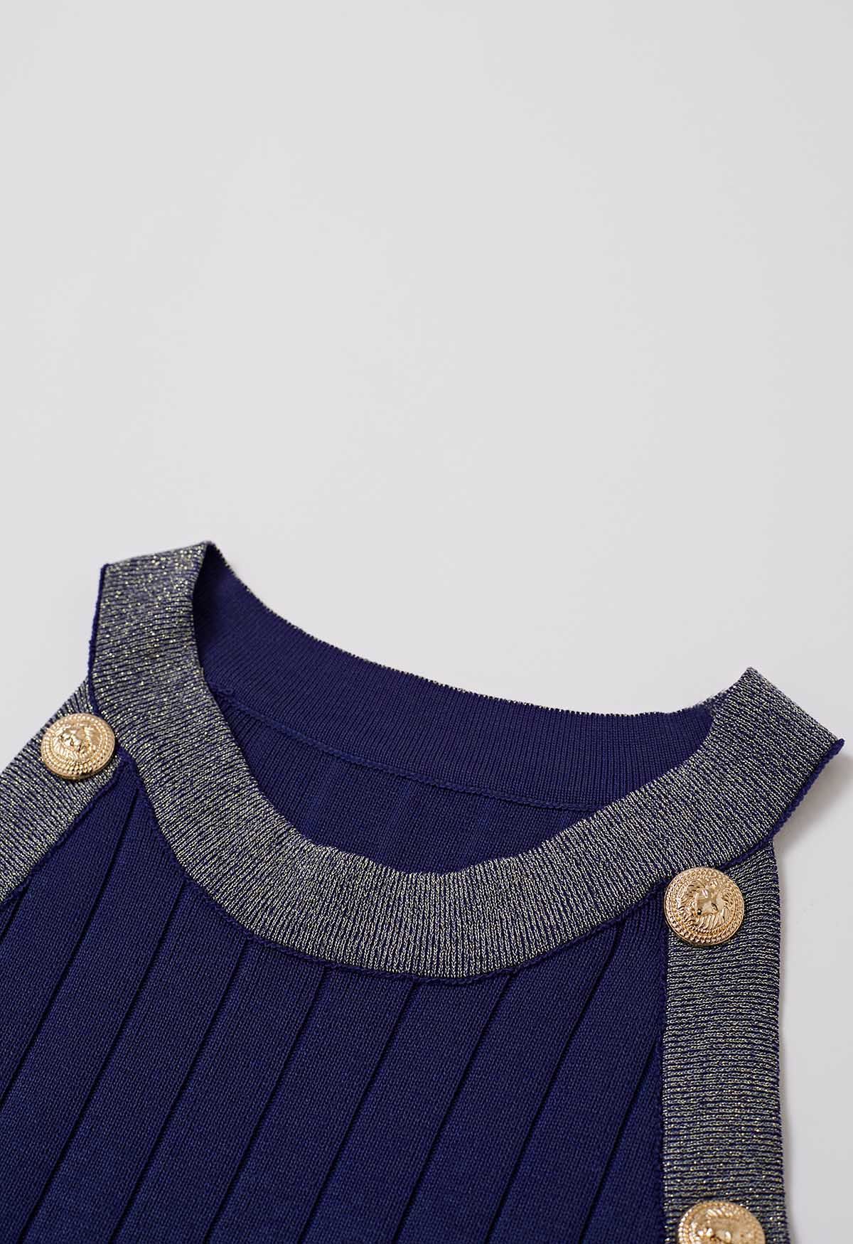 Shimmery Contrast Golden Button Knit Cardigan and Dress Set in Indigo