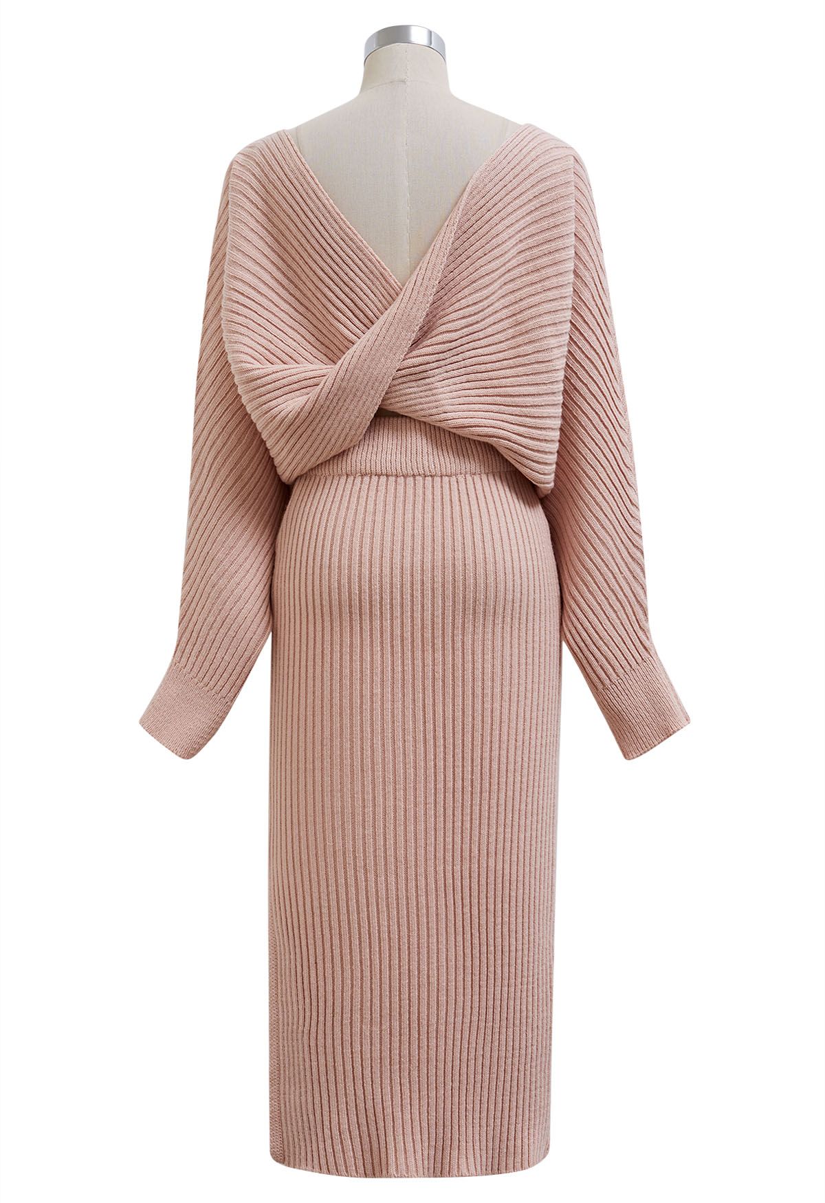 Two-Way Wear Crisscross Knit Top and Skirt Set in Pink