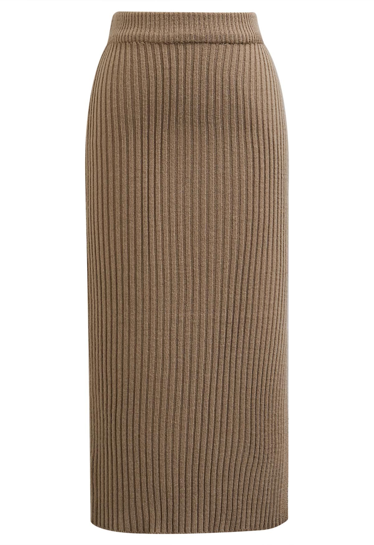 Boat Neck Ribbed Knit Top and Skirt Set in Tan