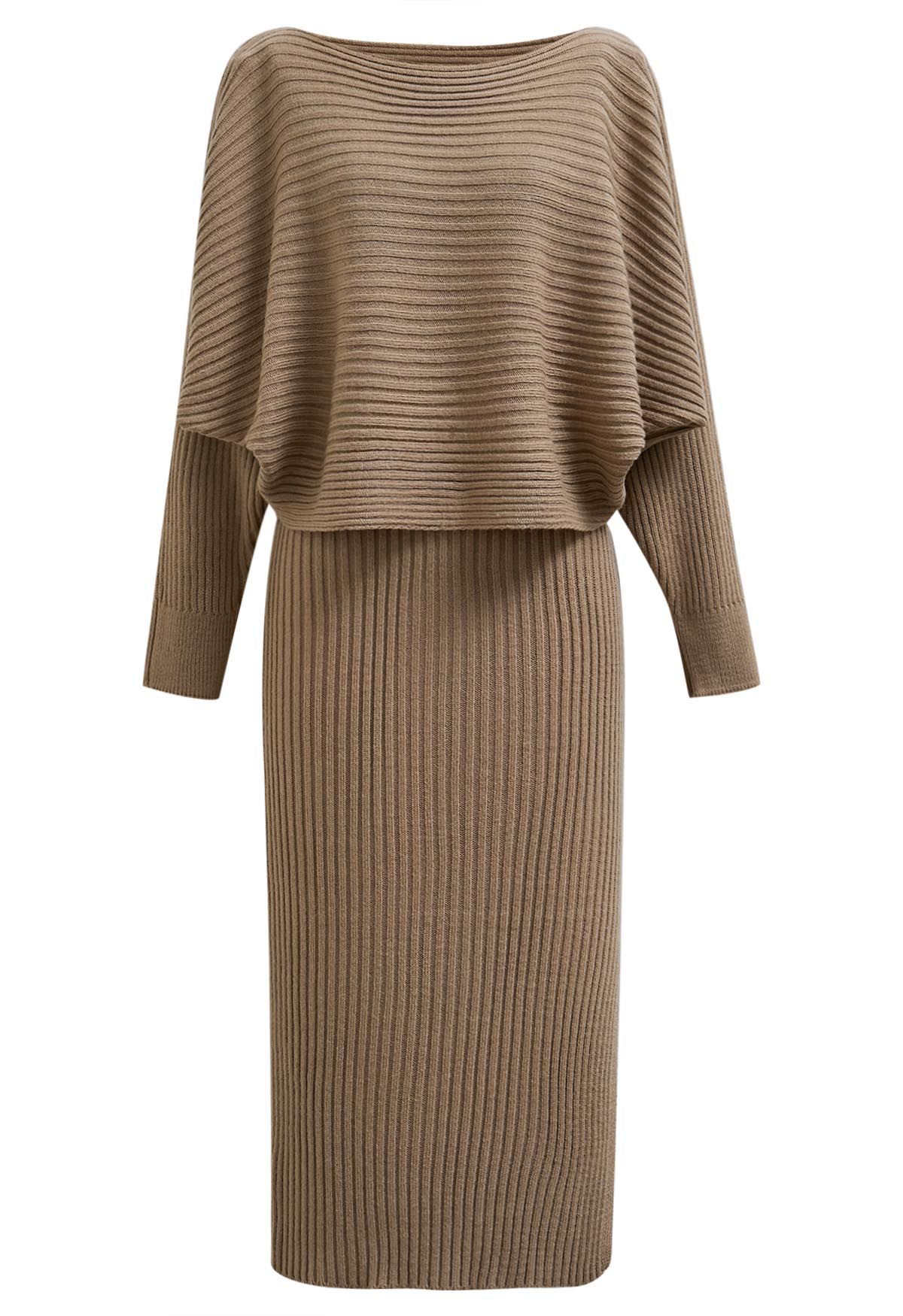 Boat Neck Ribbed Knit Top and Skirt Set in Tan