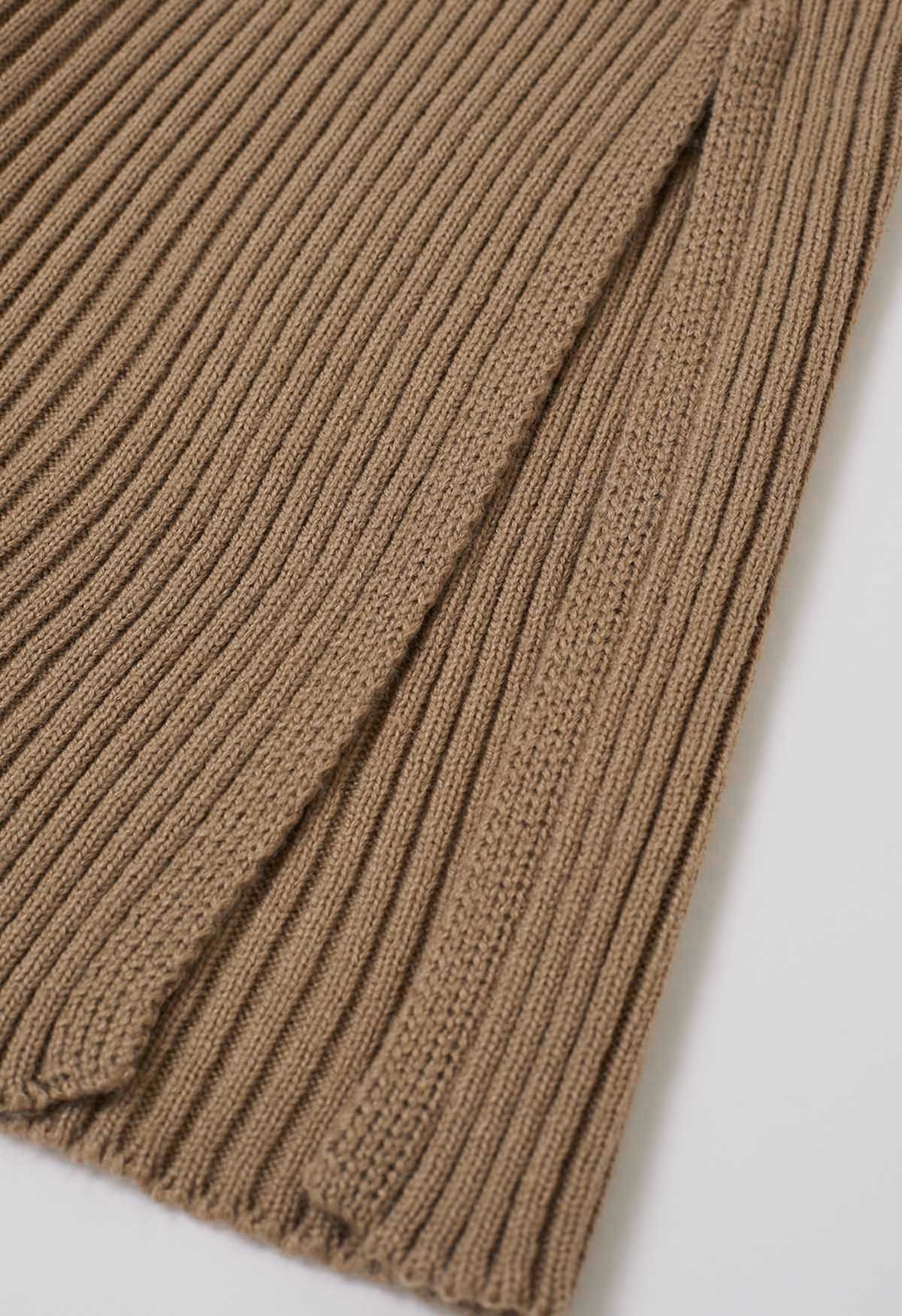 Boat Neck Ribbed Knit Top and Skirt Set in Tan