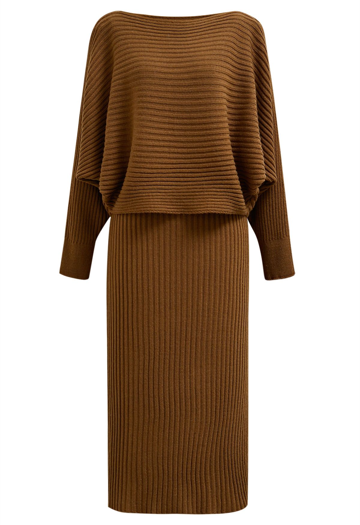 Boat Neck Ribbed Knit Top and Skirt Set in Caramel