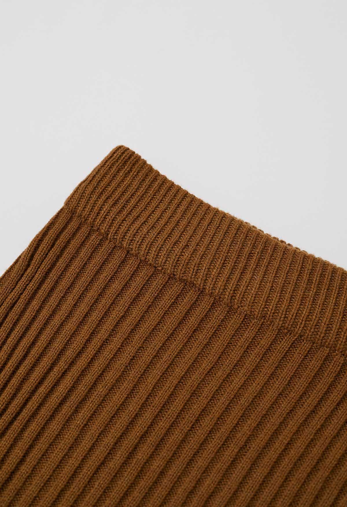 Boat Neck Ribbed Knit Top and Skirt Set in Caramel