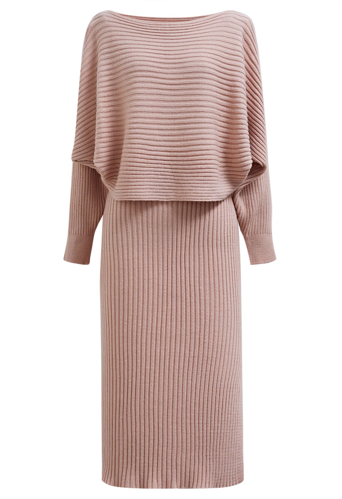 Boat Neck Ribbed Knit Top and Skirt Set in Pink