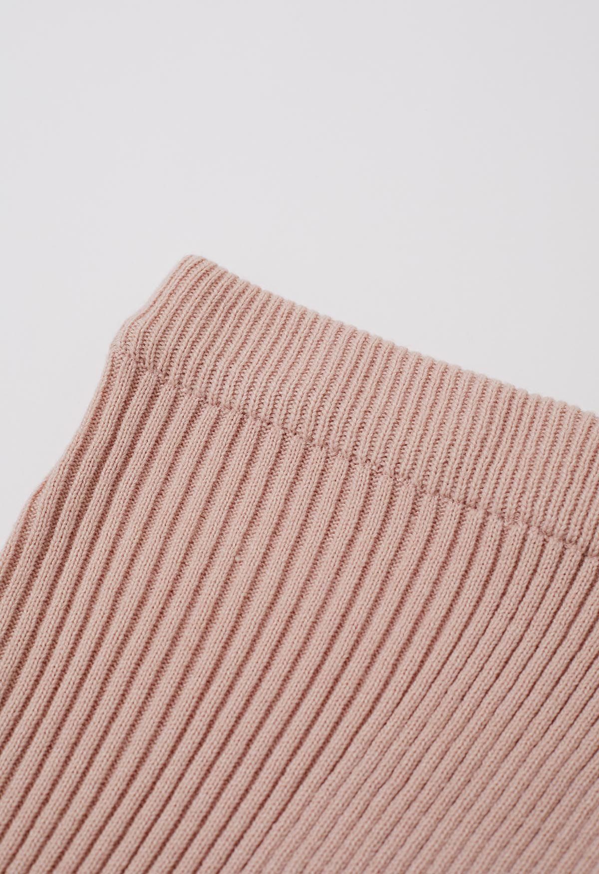 Boat Neck Ribbed Knit Top and Skirt Set in Pink