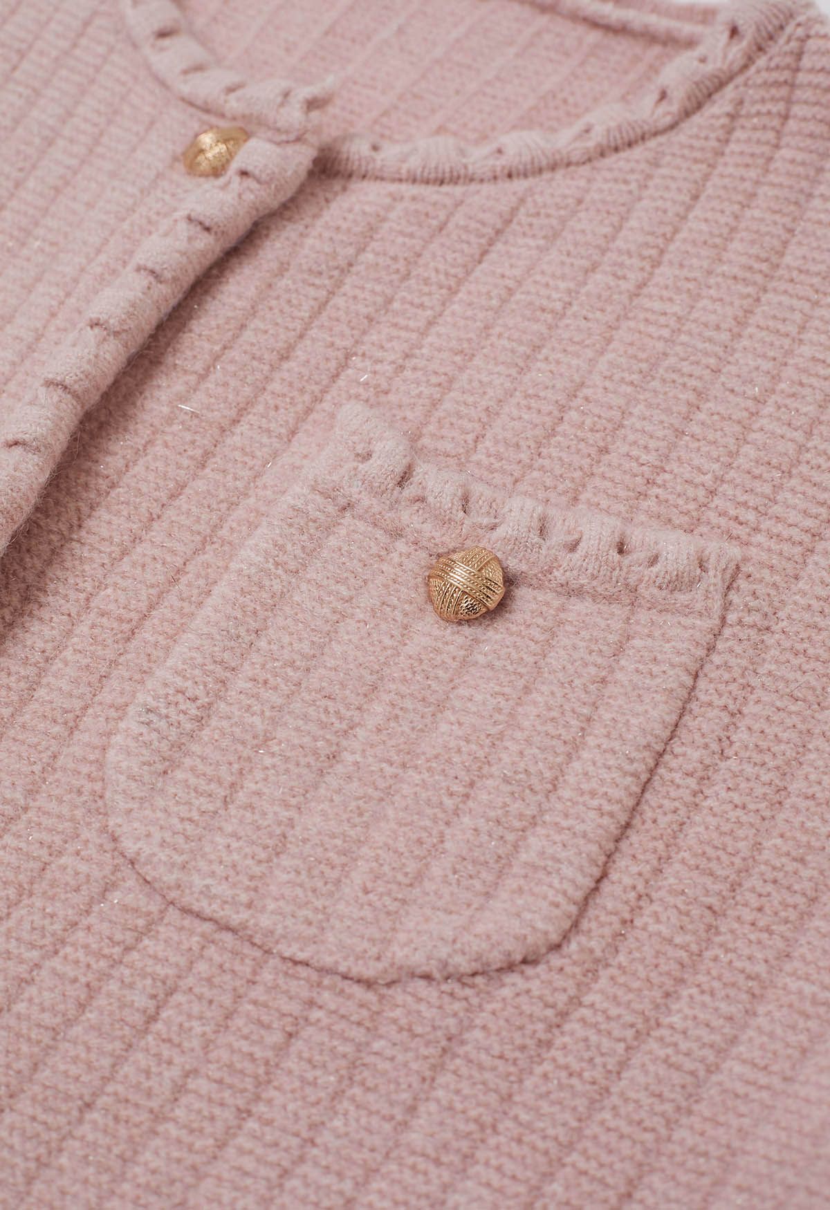 Gleaming Fringe Trim Buttoned Knit Cardigan in Pink