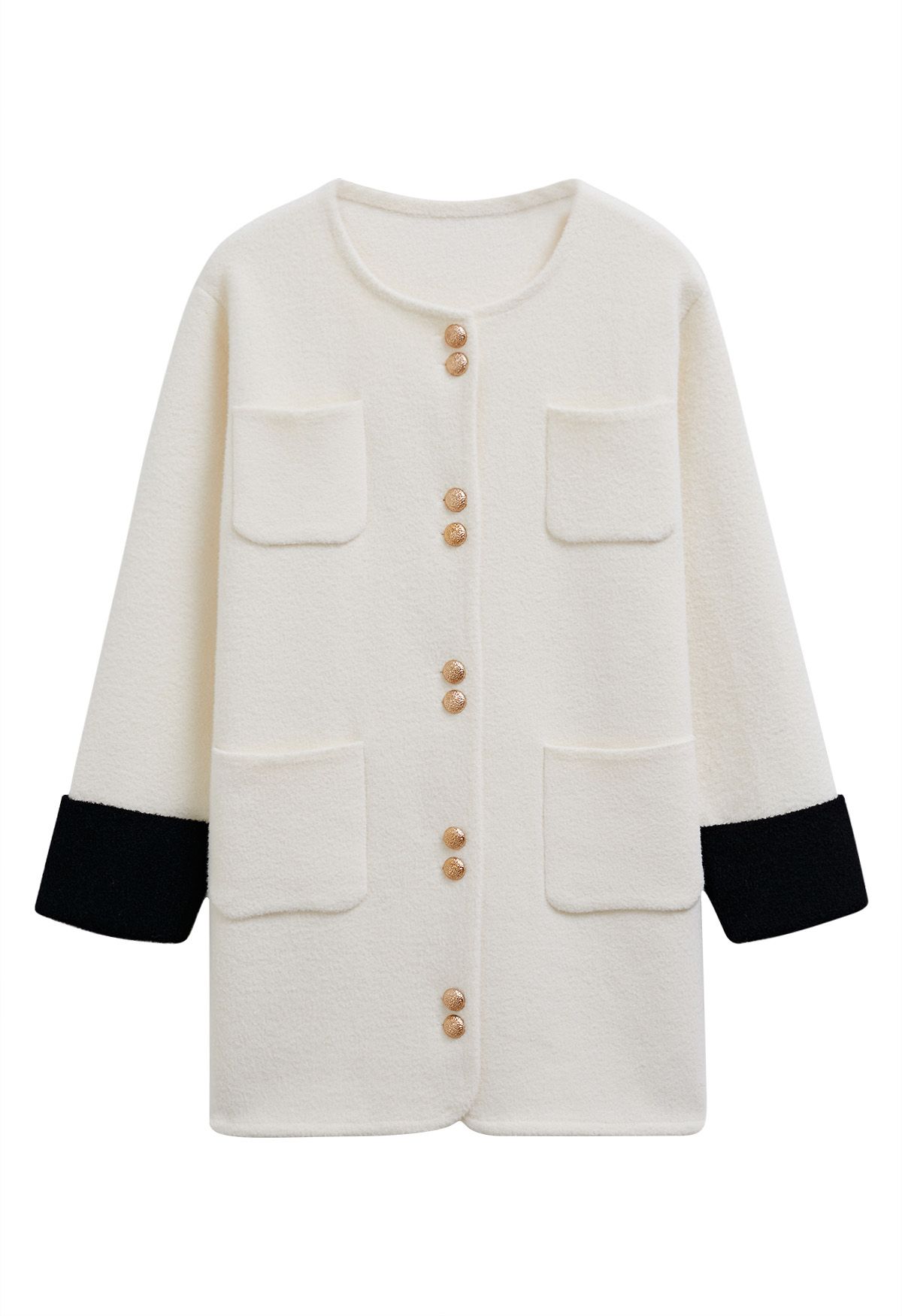 Contrast Cuffs Patch Pockets Buttoned Knit Coat in White