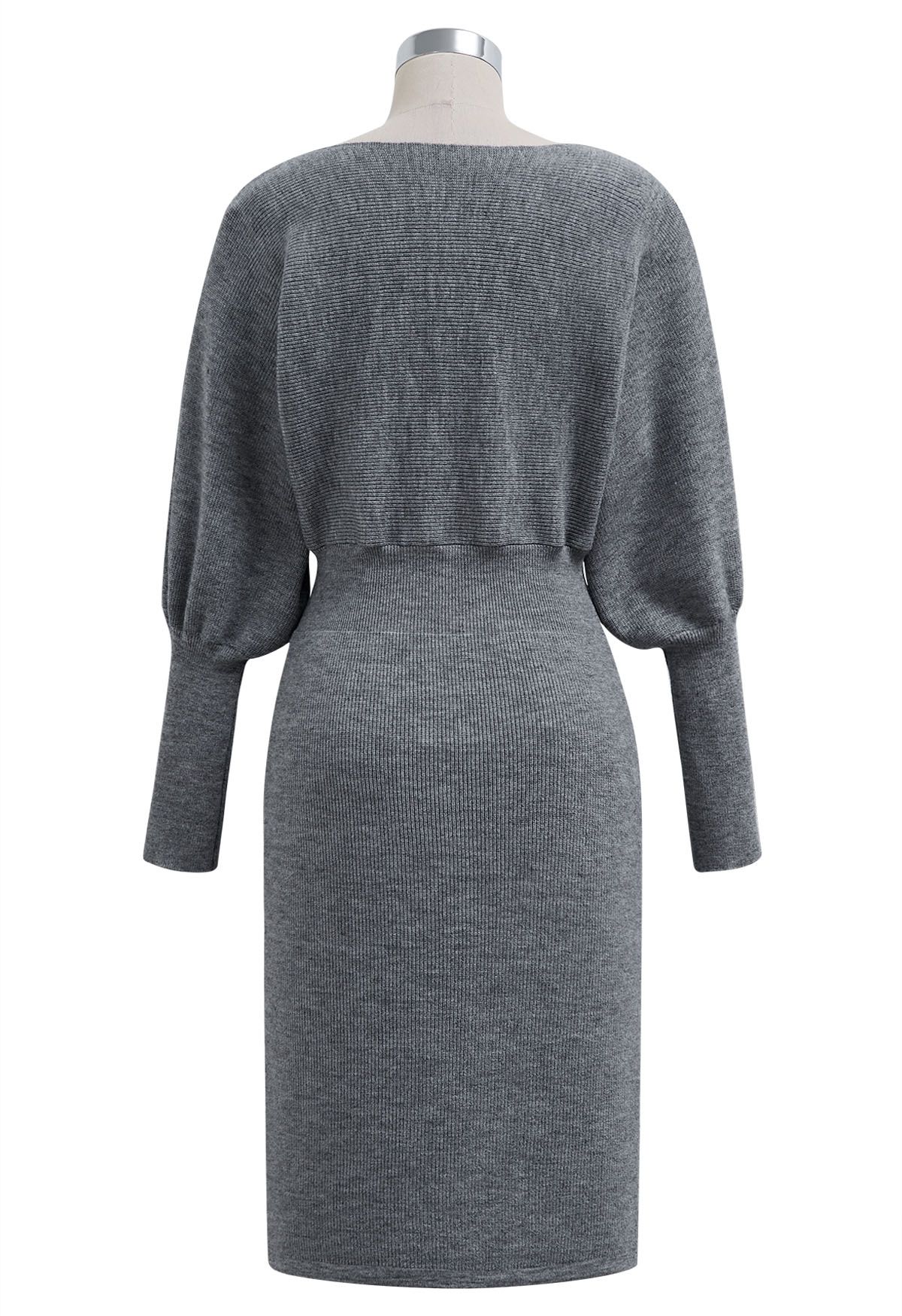 Batwing Sleeves Cinched Waist Knit Dress in Grey