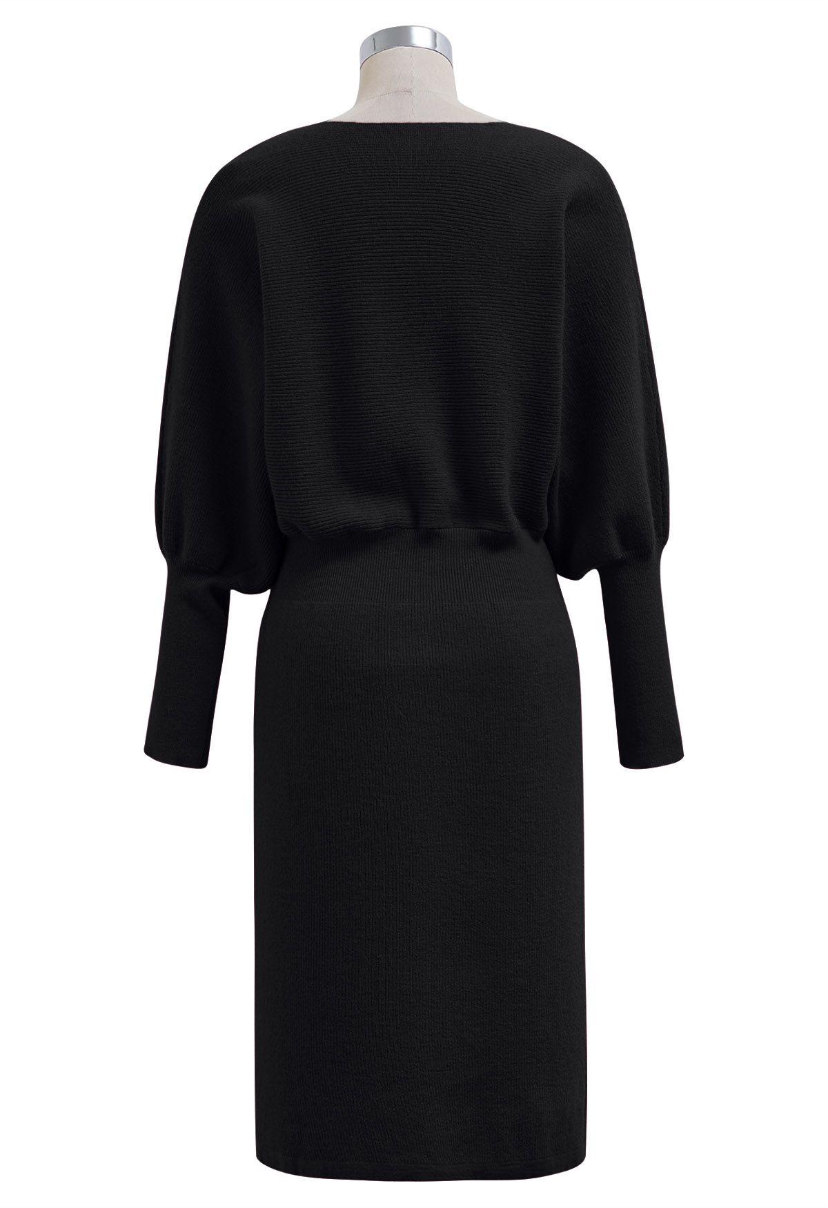 Batwing Sleeves Cinched Waist Knit Dress in Black