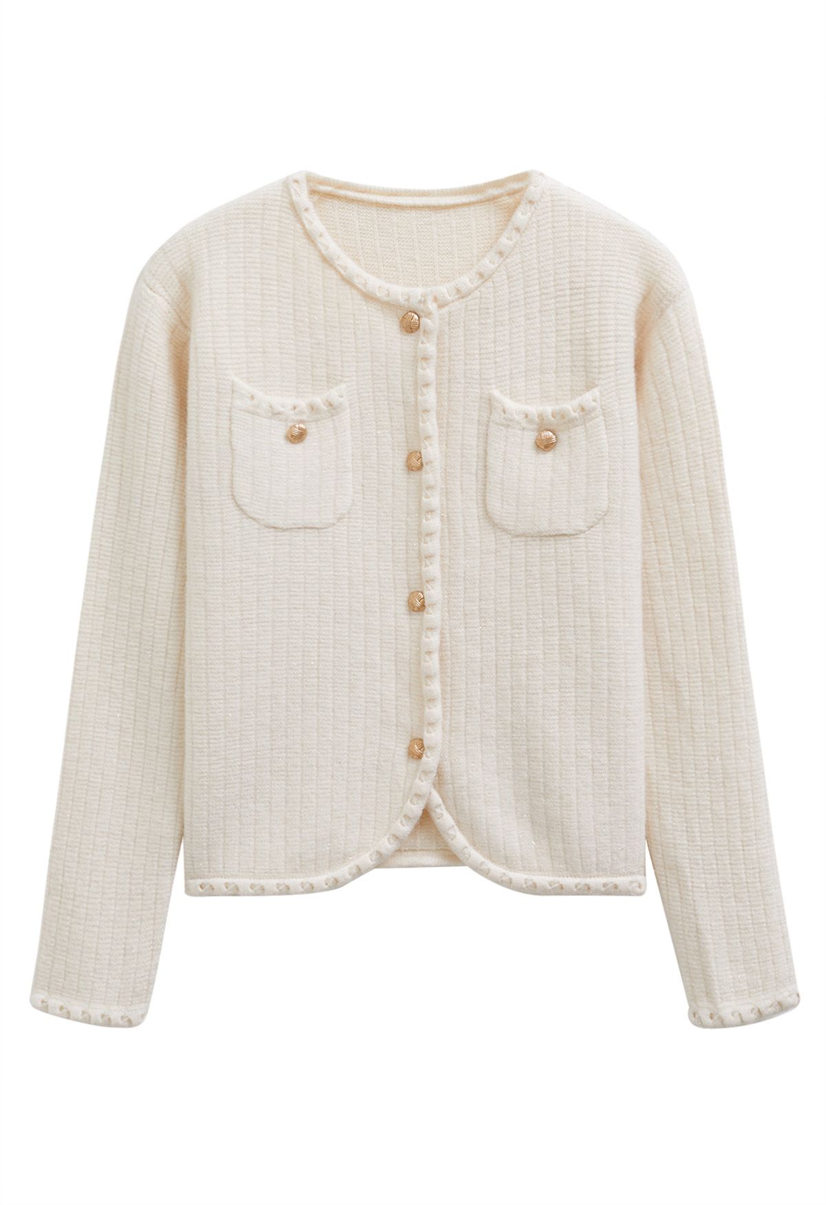 Gleaming Fringe Trim Buttoned Knit Cardigan in Cream