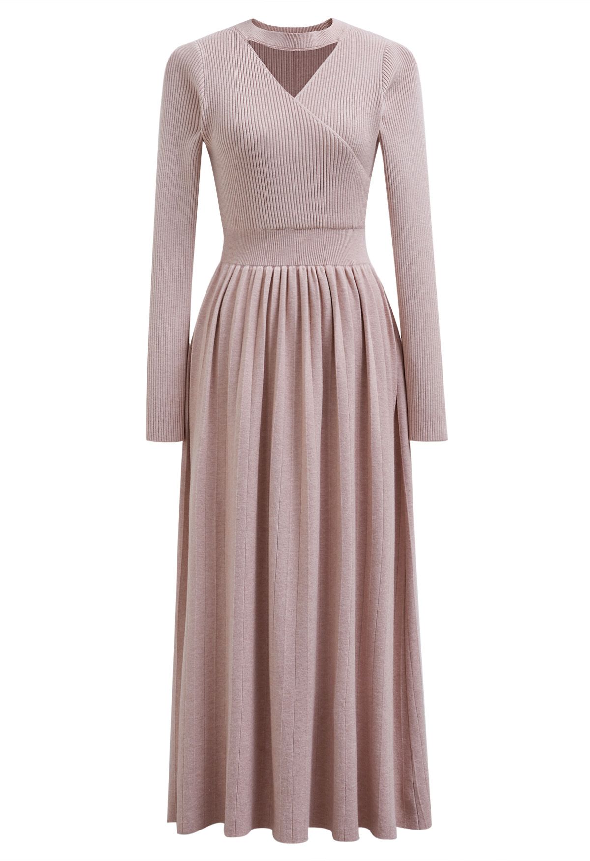 V-Shape Cutout Faux-Wrap Knit Midi Dress in Light Pink