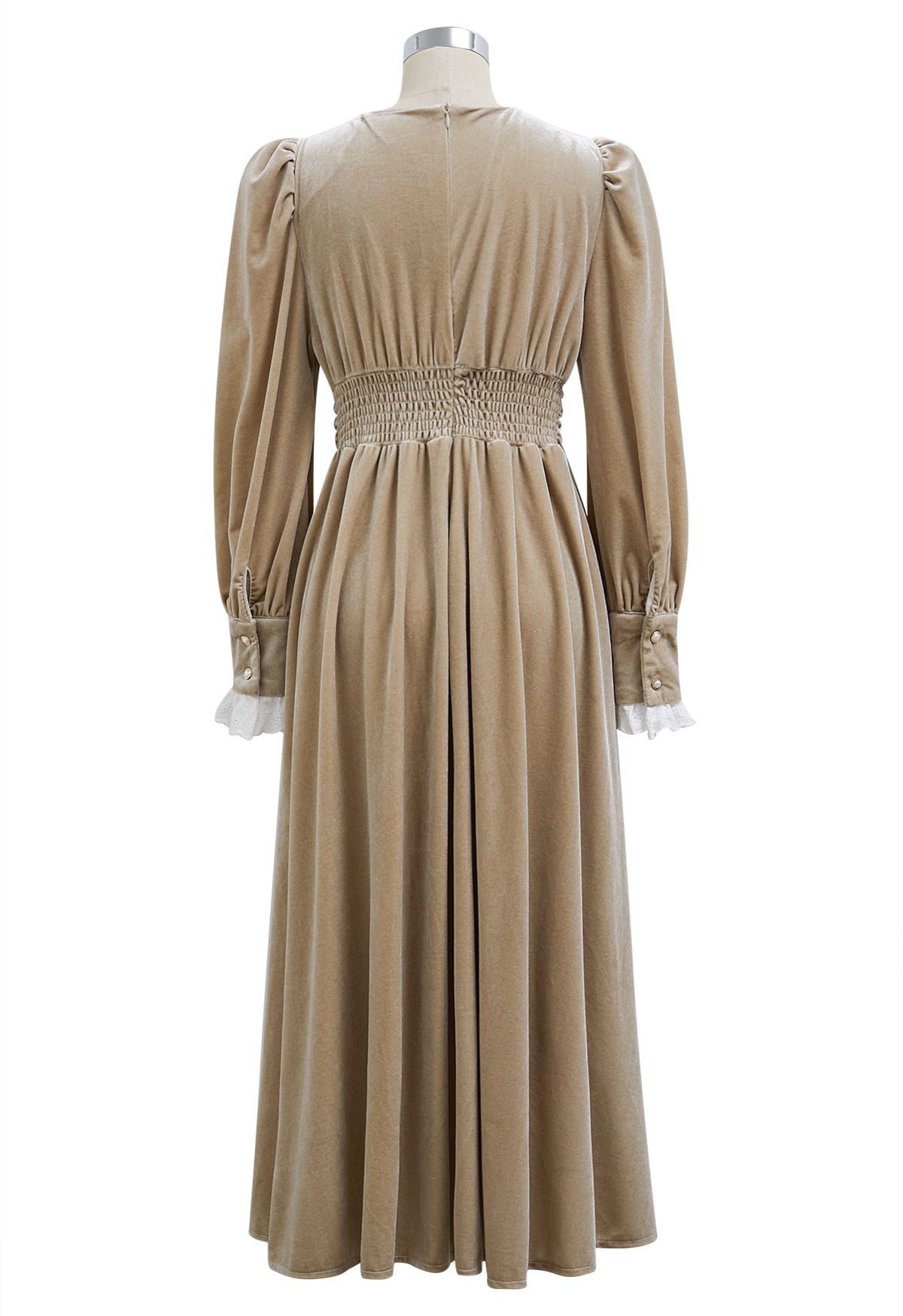 V-Neck Eyelet Embroidery Velvet Midi Dress in Light Tan