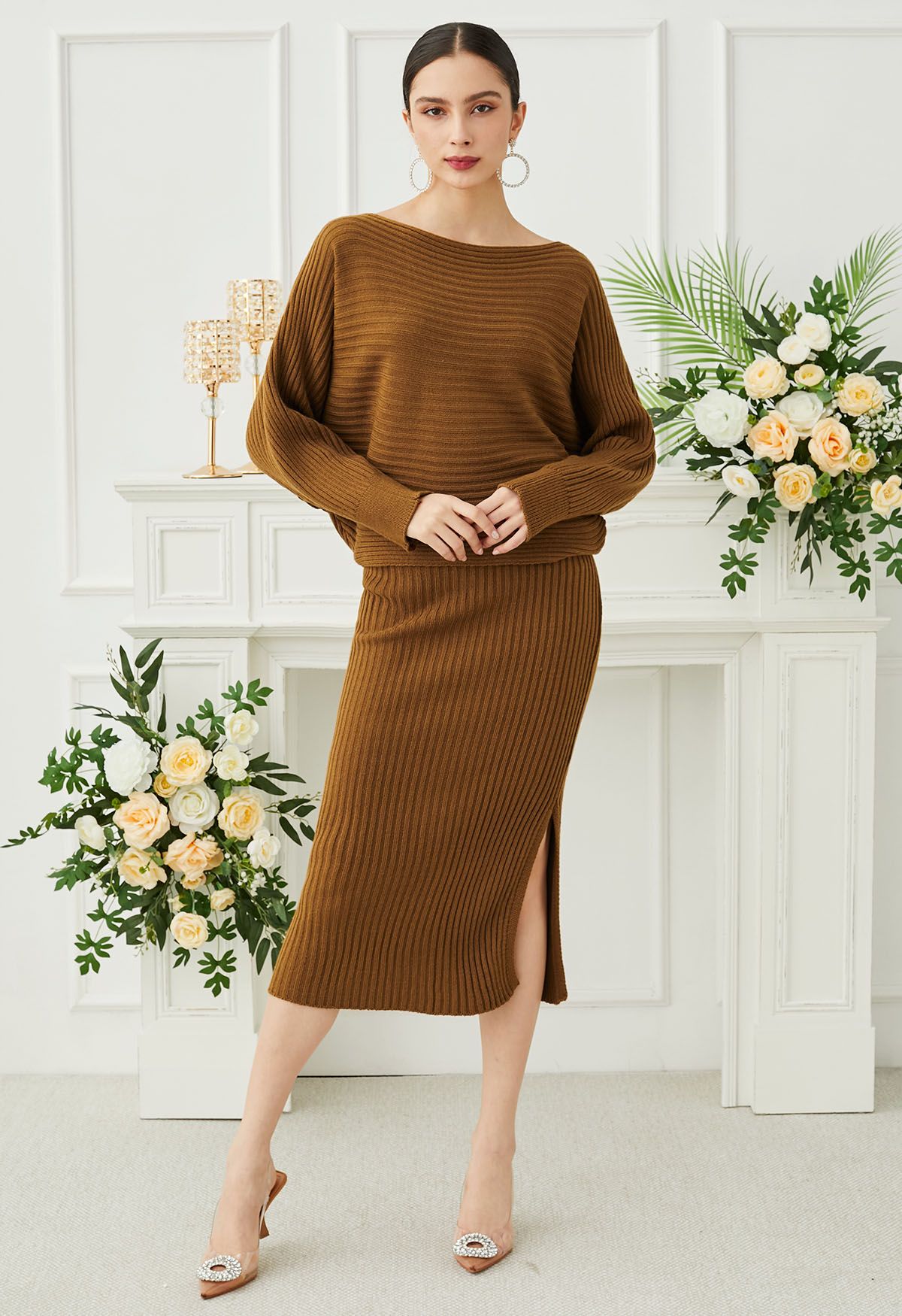 Boat Neck Ribbed Knit Top and Skirt Set in Caramel