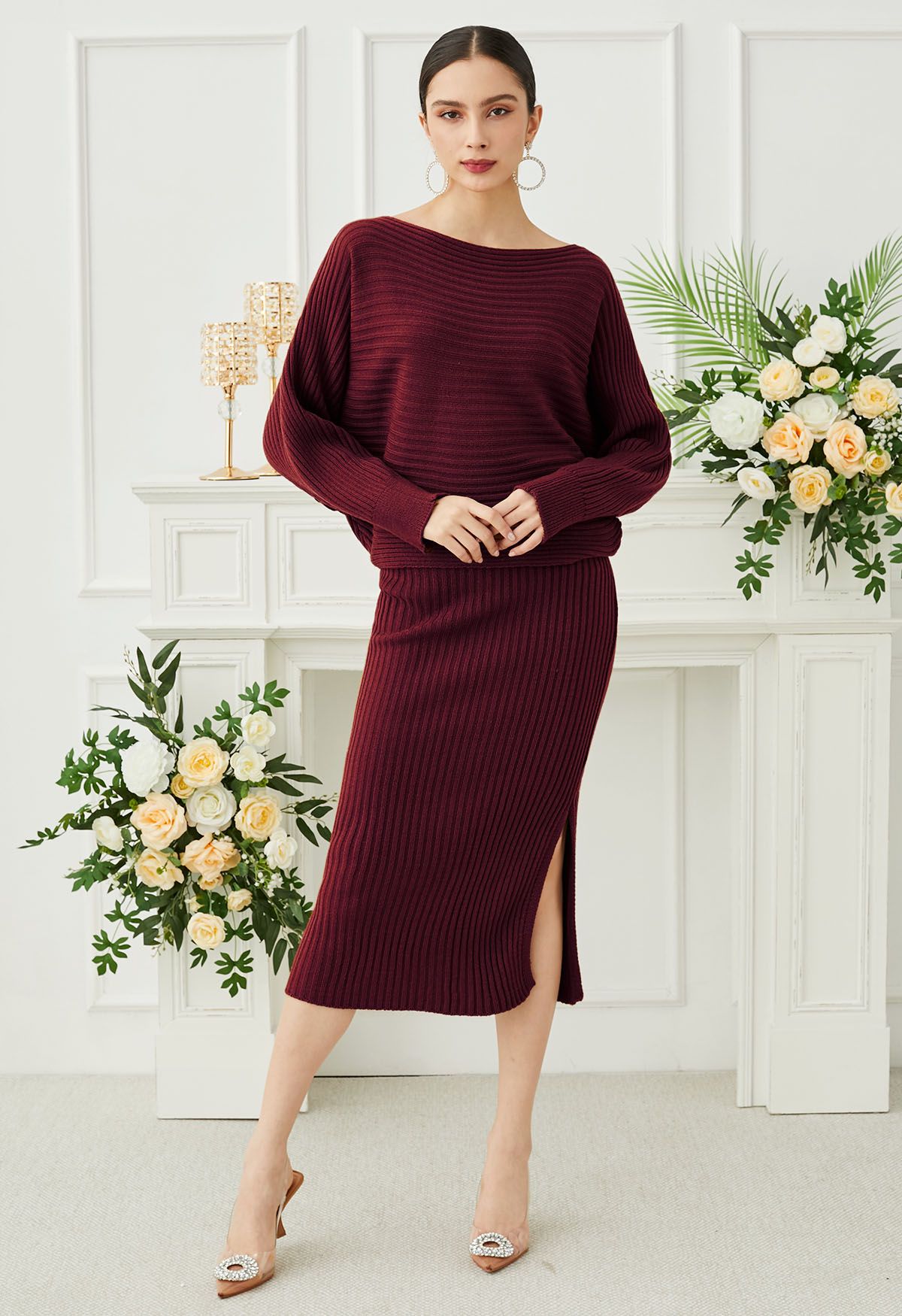 Two-Way Wear Crisscross Knit Top and Skirt Set in Burgundy