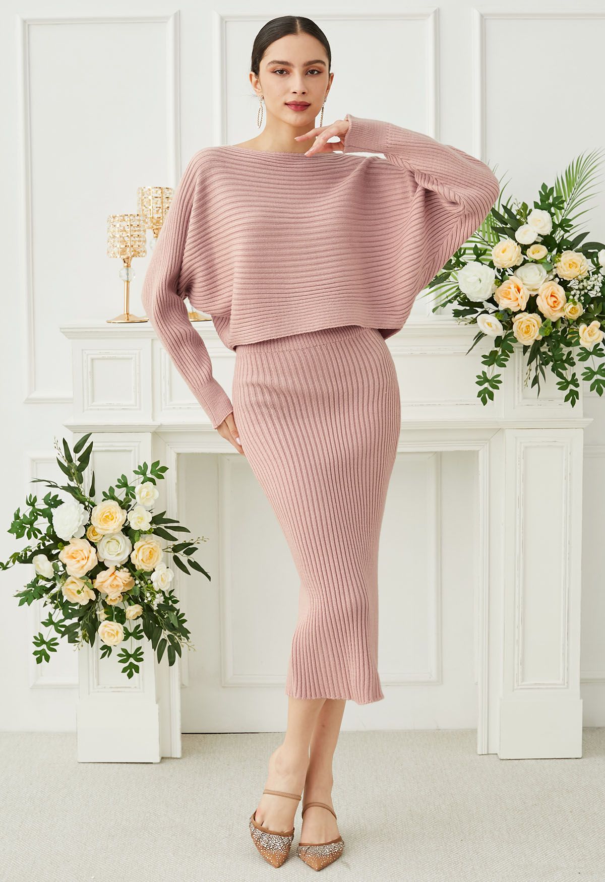 Boat Neck Ribbed Knit Top and Skirt Set in Pink