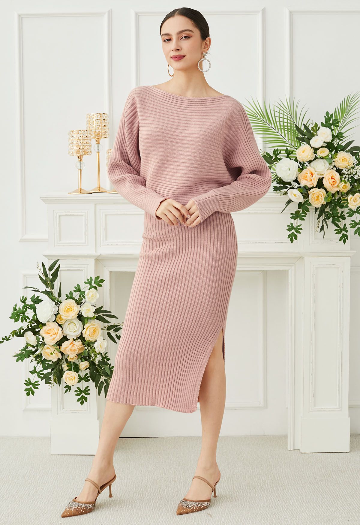 Boat Neck Ribbed Knit Top and Skirt Set in Pink