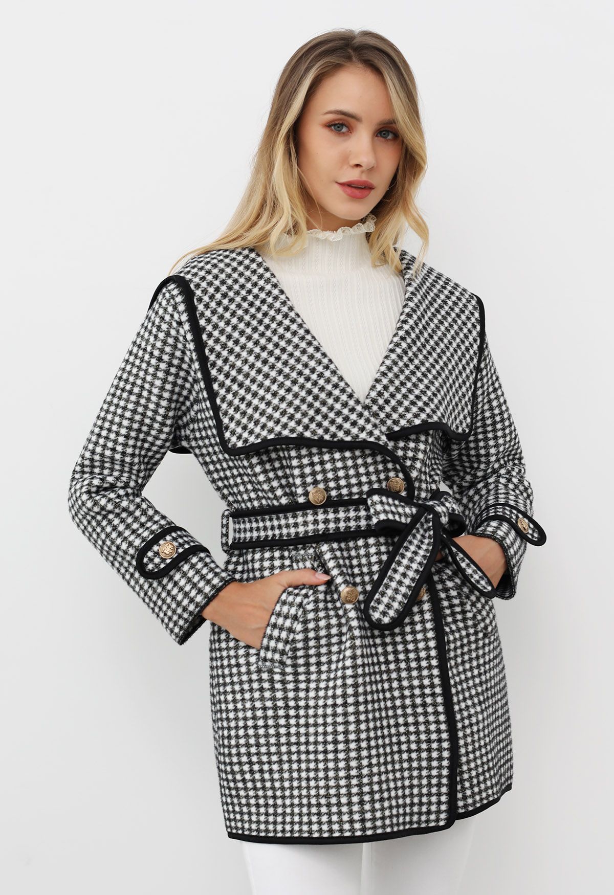 Houndstooth Contrast Edge Wide Lapel Knit Coat