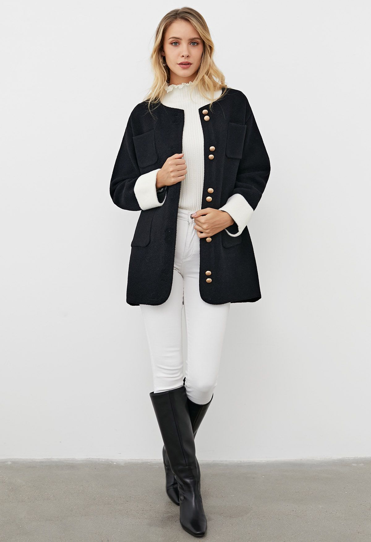 Contrast Cuffs Patch Pockets Buttoned Knit Coat in Black