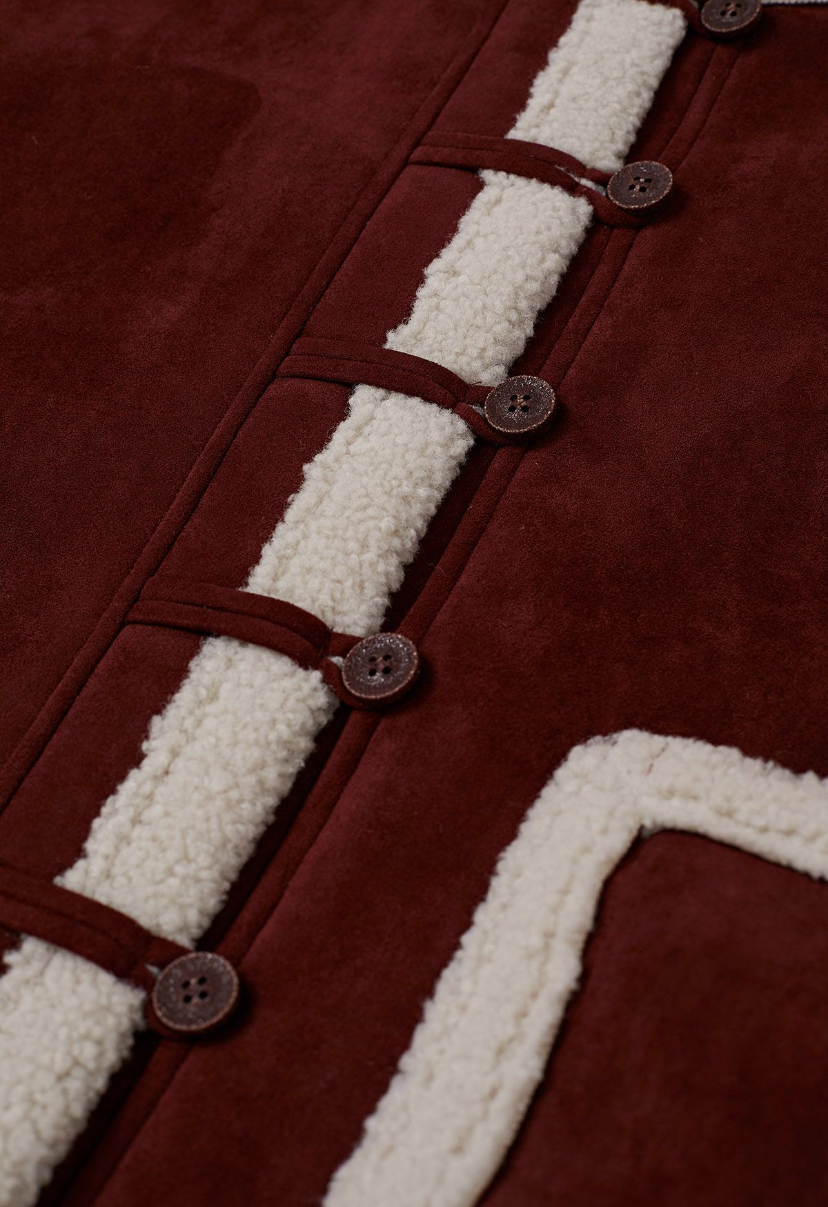 Faux Suede Spliced Sherpa Buttoned Coat in Burgundy