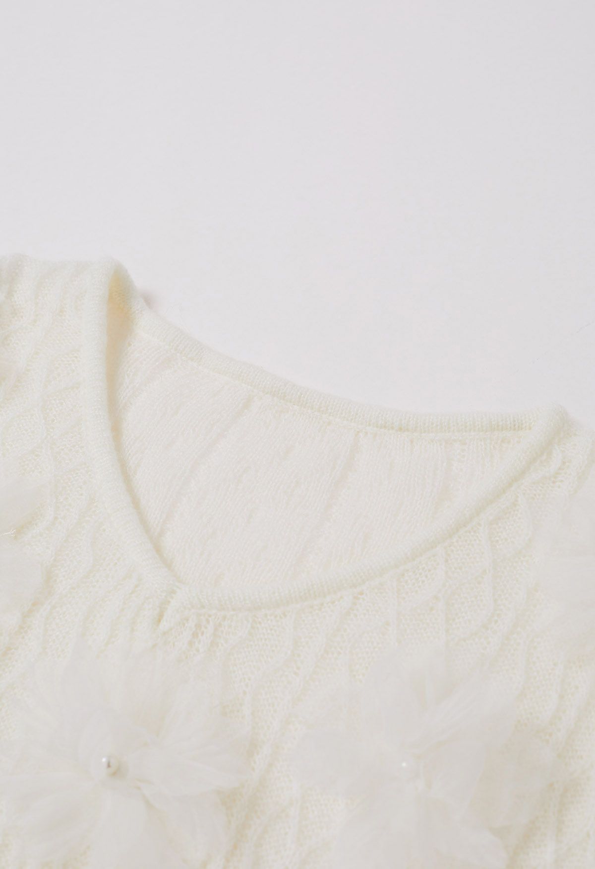 3D Pearl Mesh Flower Embellished Knit Top in White