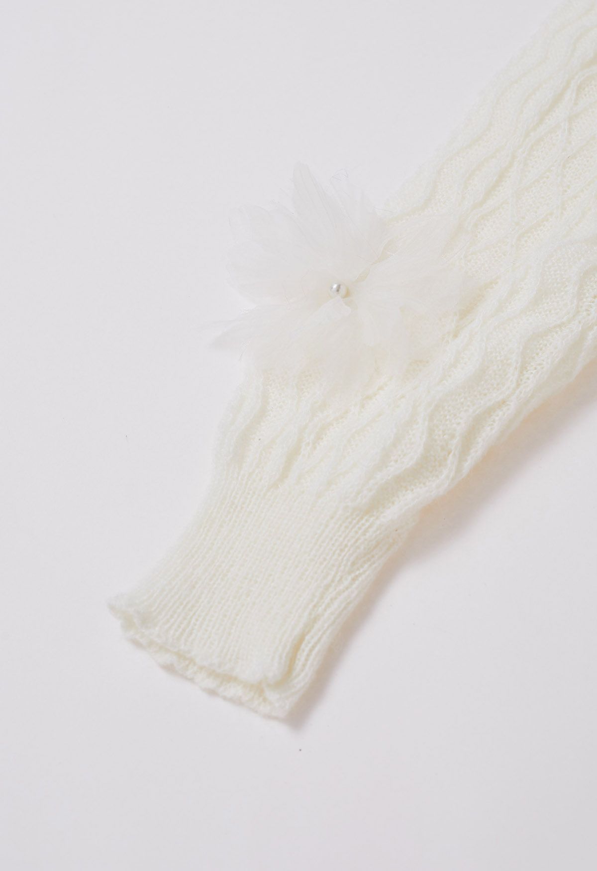 3D Pearl Mesh Flower Embellished Knit Top in White