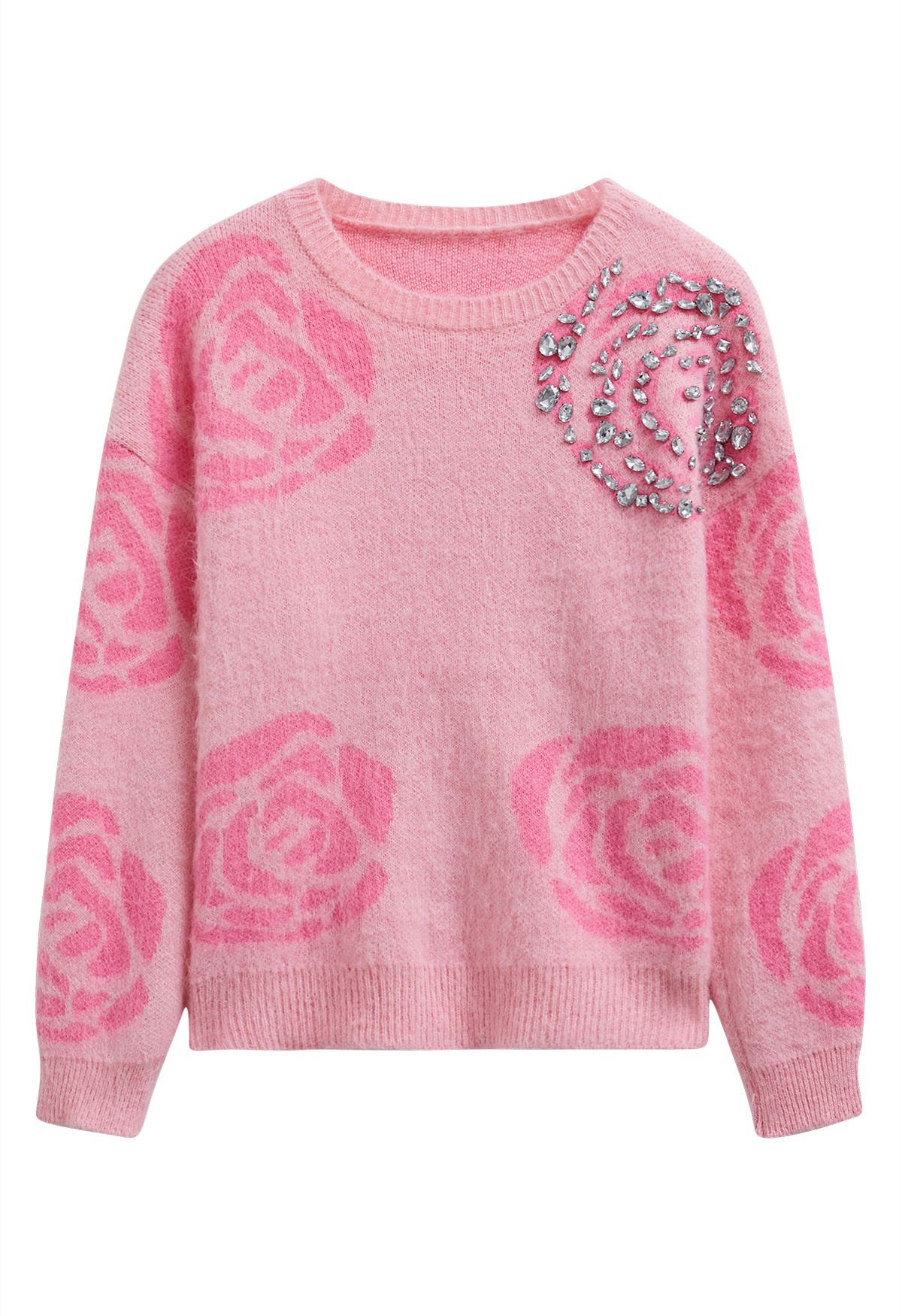 Glistening Rhinestones Rose Pattern Knit Sweater 