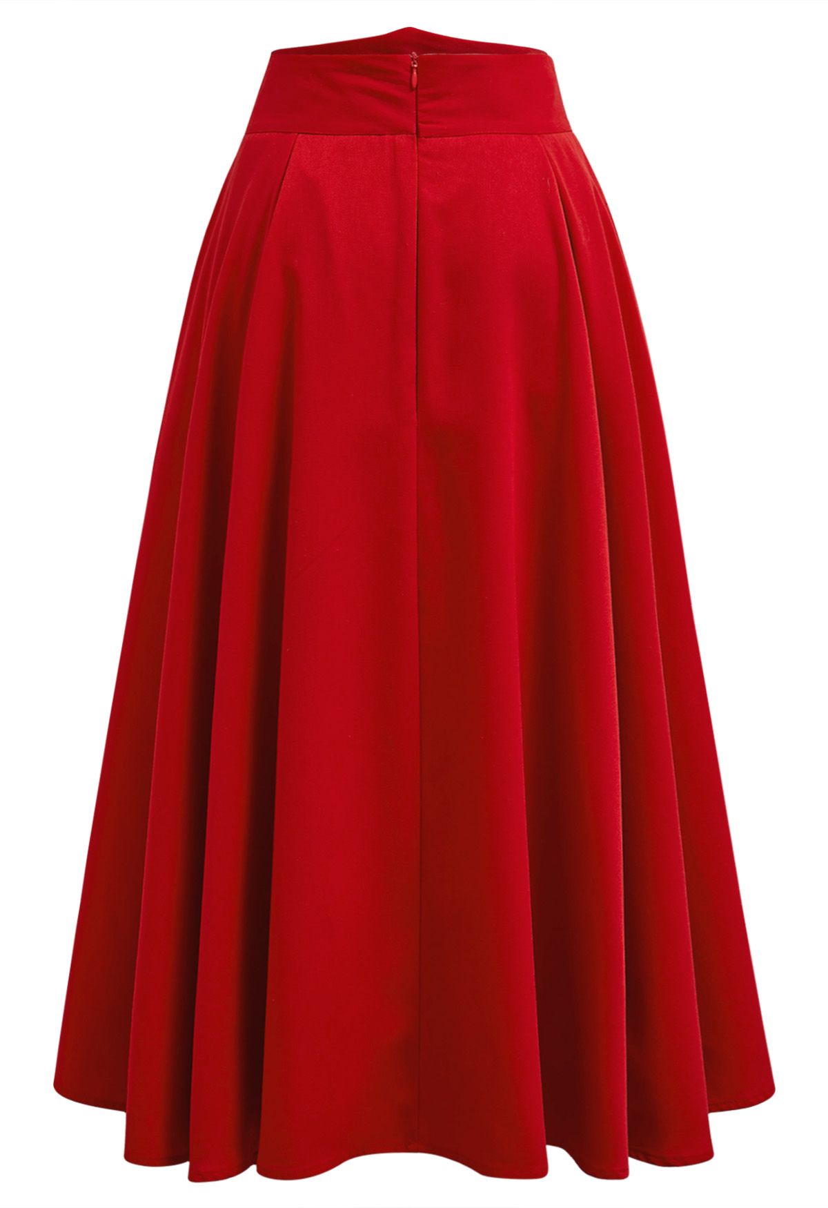 Solid Red High-Waist A-Line Midi Skirt