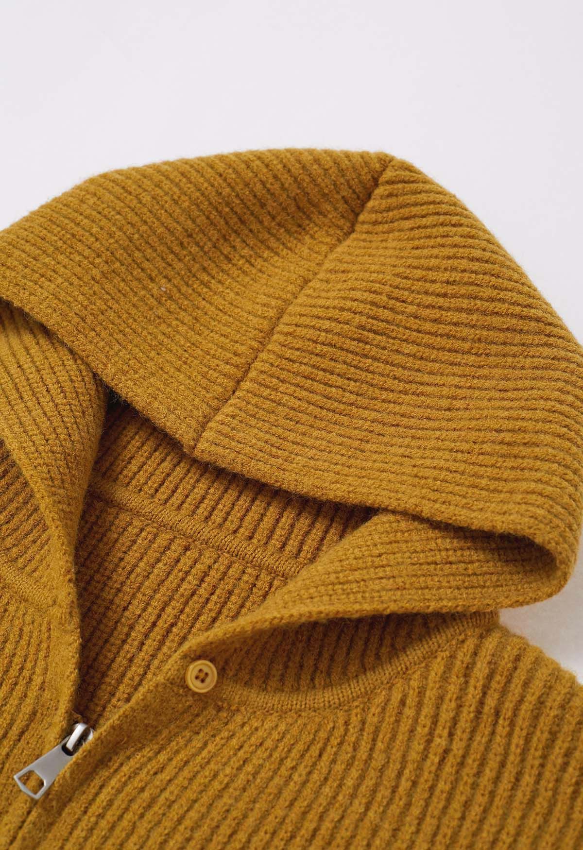 Double-Zip Hooded Crop Knit Cardigan in Mustard