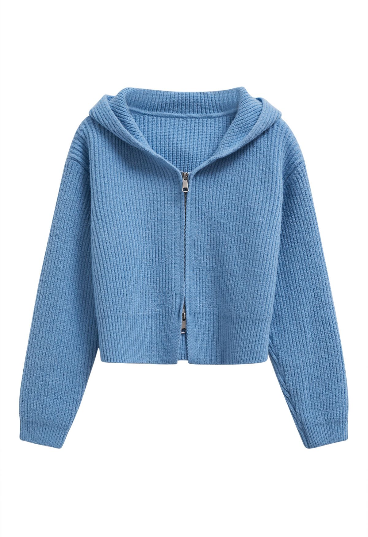 Double-Zip Hooded Crop Knit Cardigan in Blue