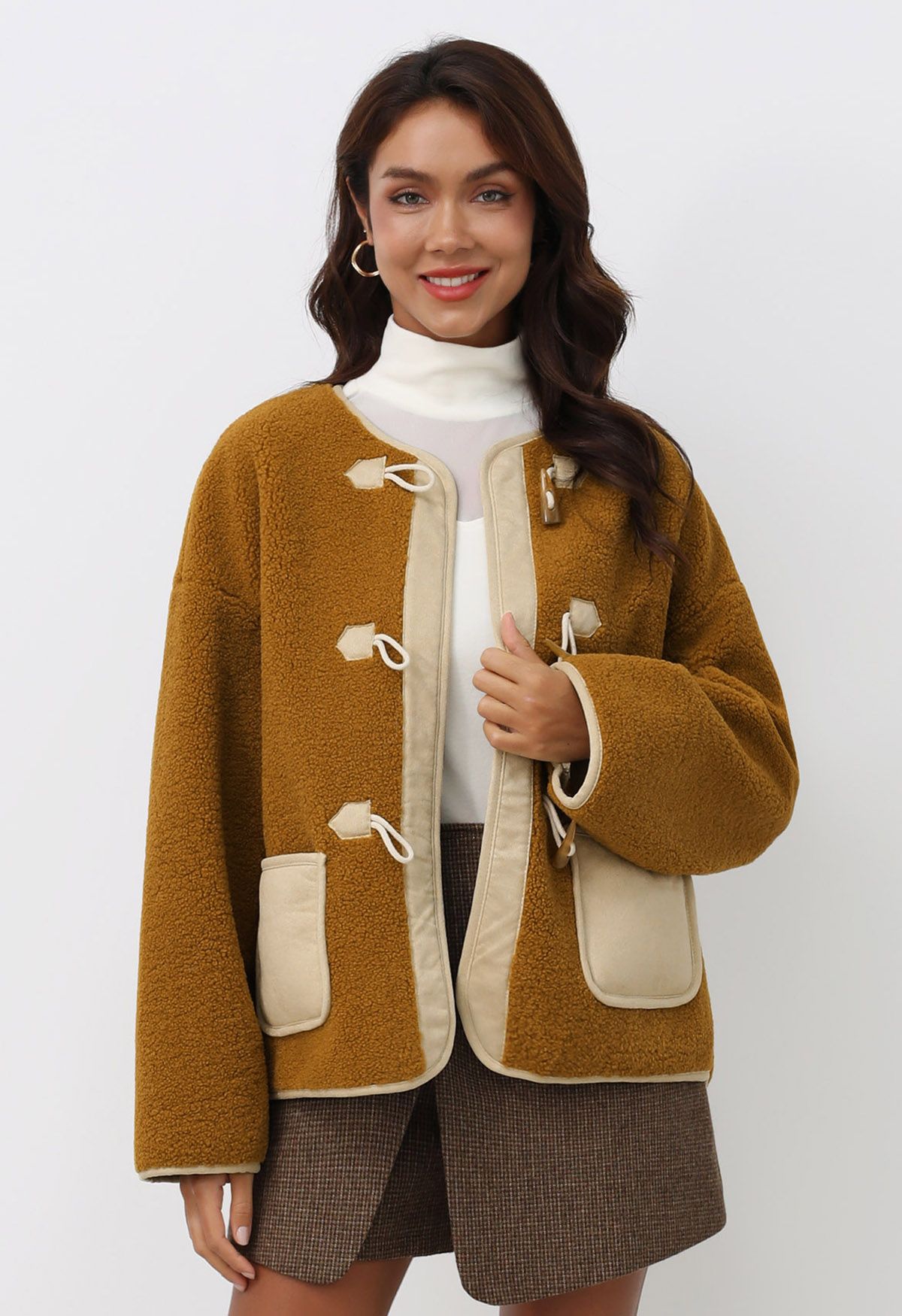 Horn Buckle Fastening Sherpa Coat in Caramel