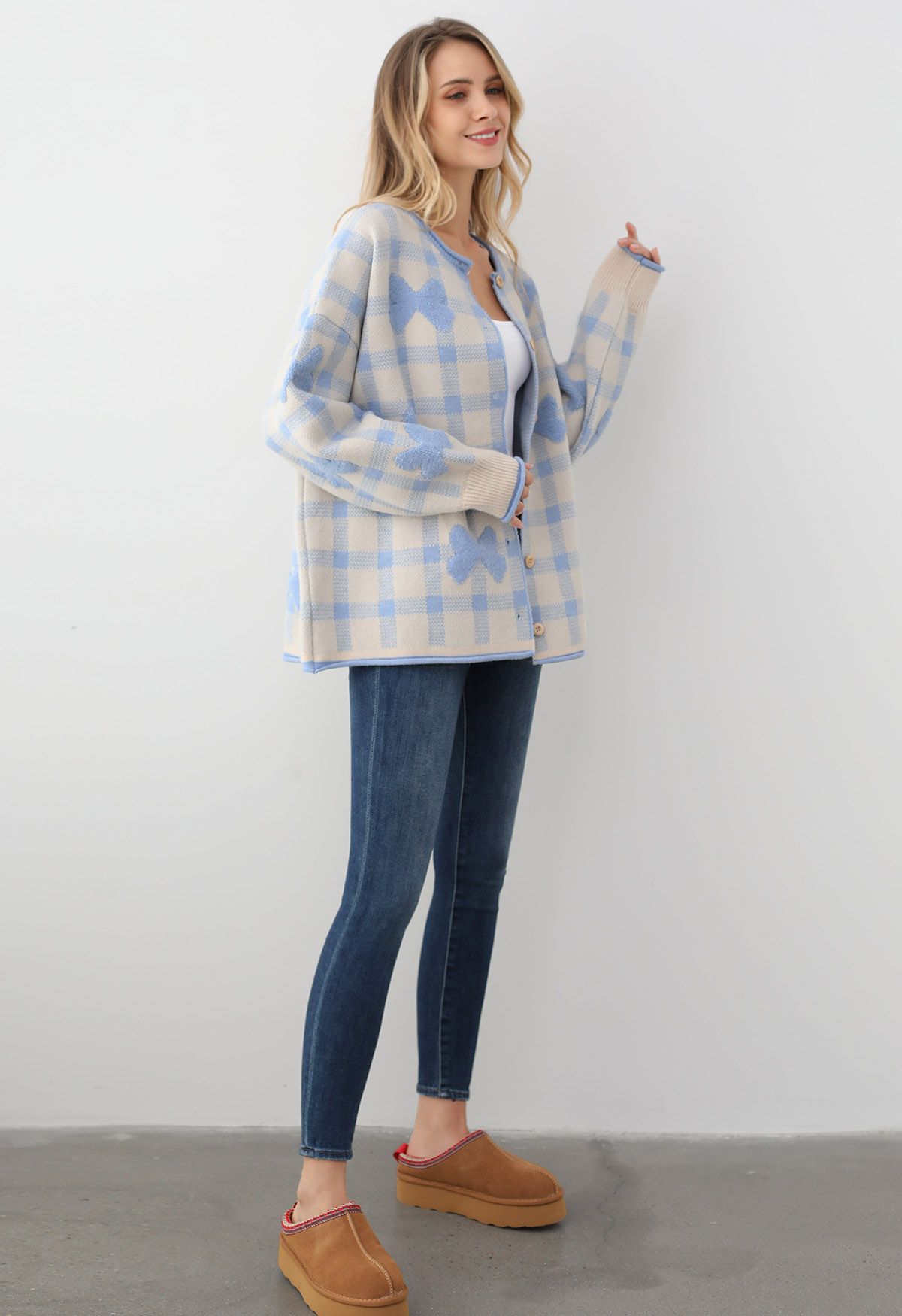 Bowknot Jacquard Check Buttoned Knit Cardigan in Baby Blue