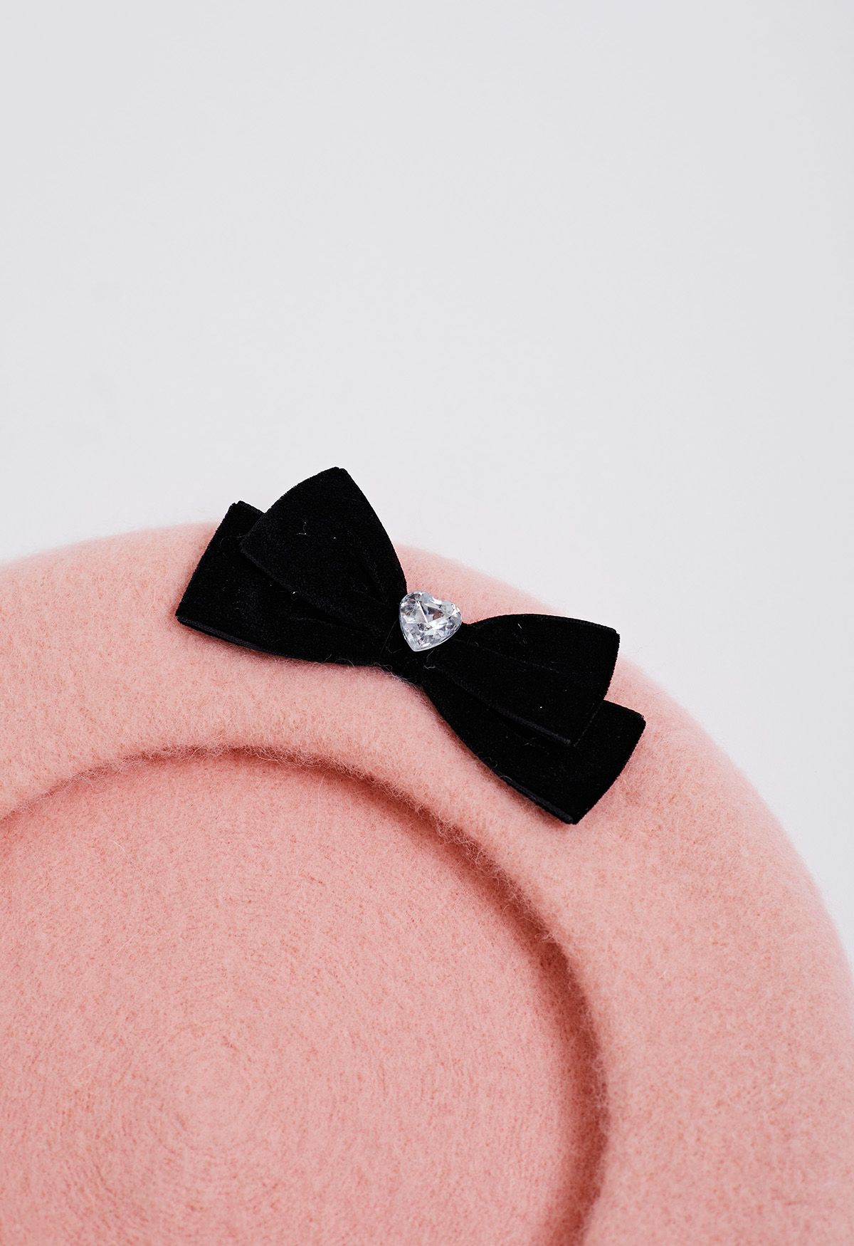 Velvet Bowknot Heart Rhinestone Wool-Blend Beret in Pink