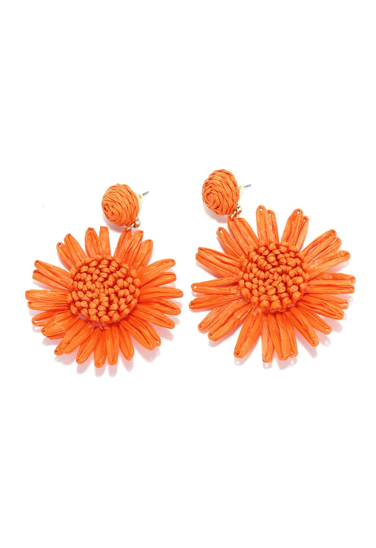 Sunflower Raffia Handmade Woven Earrings in Orange