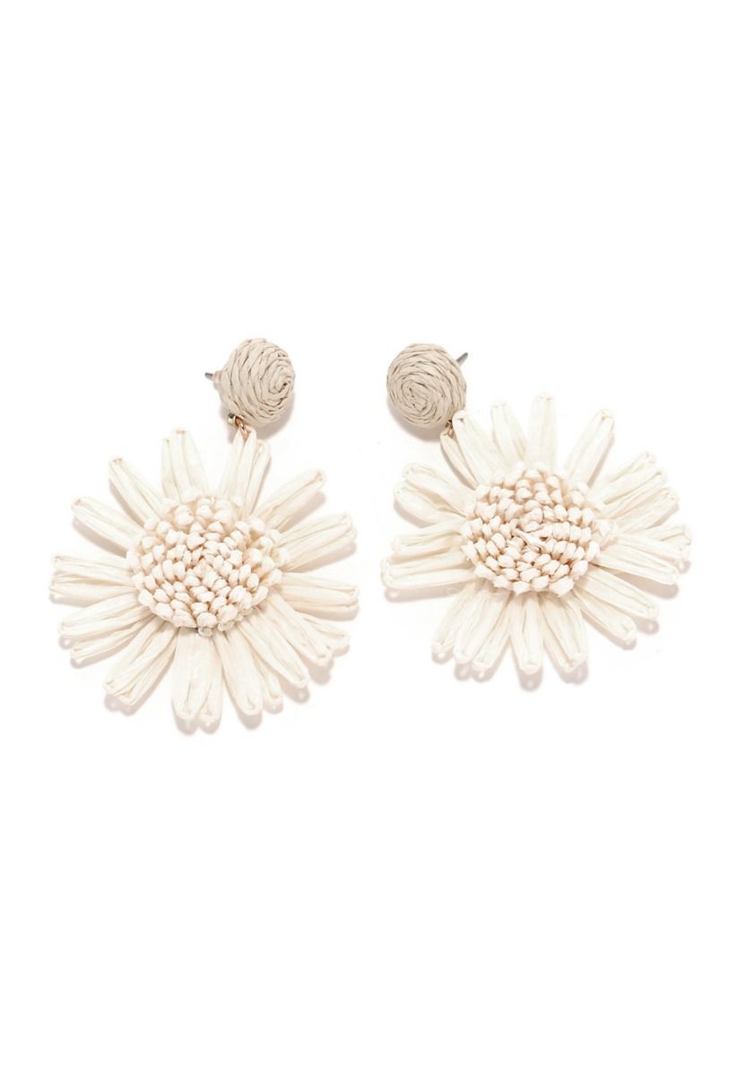 Sunflower Raffia Handmade Woven Earrings in White