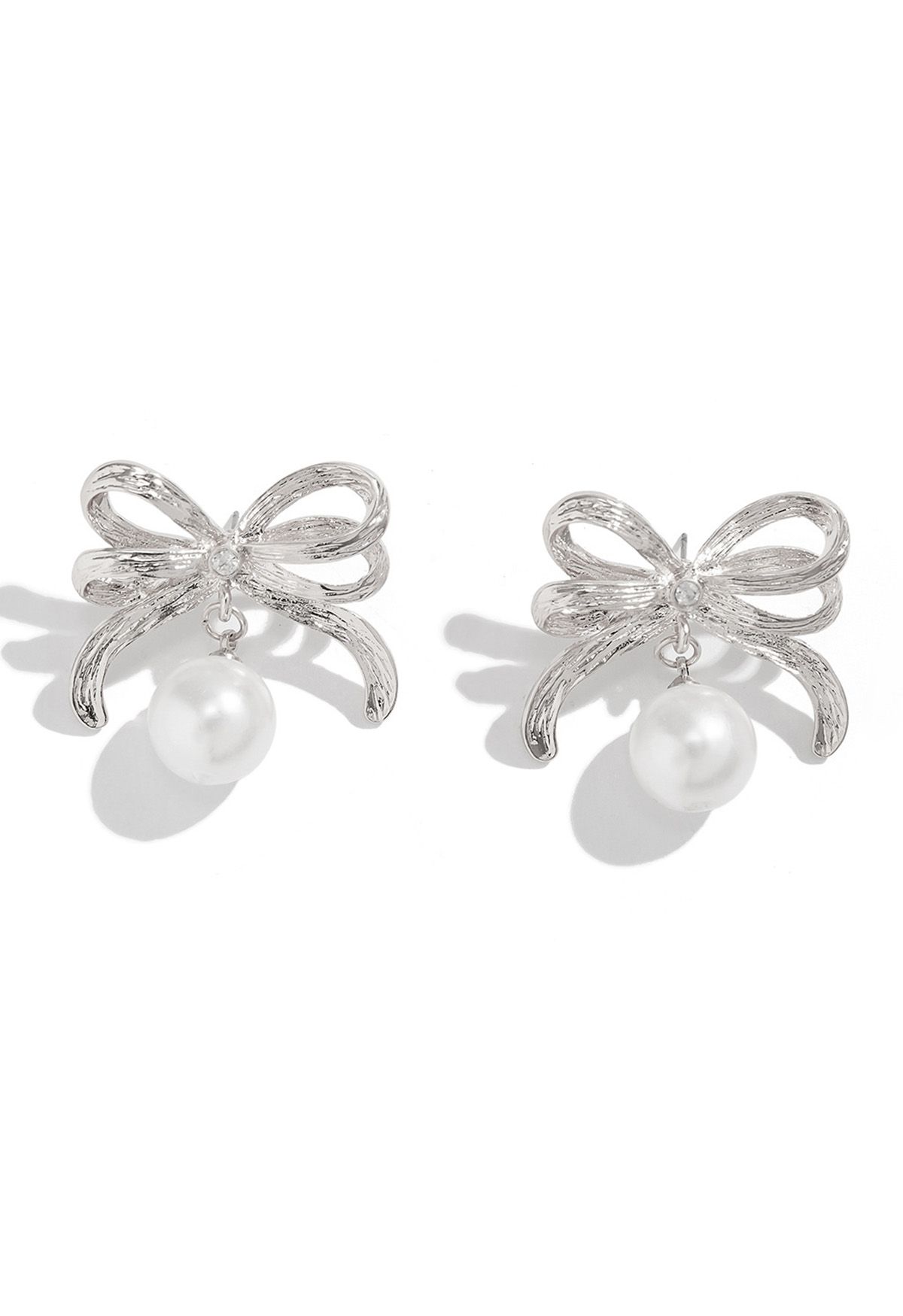 Double Layered Bowknot and Pearl Earrings in Silver