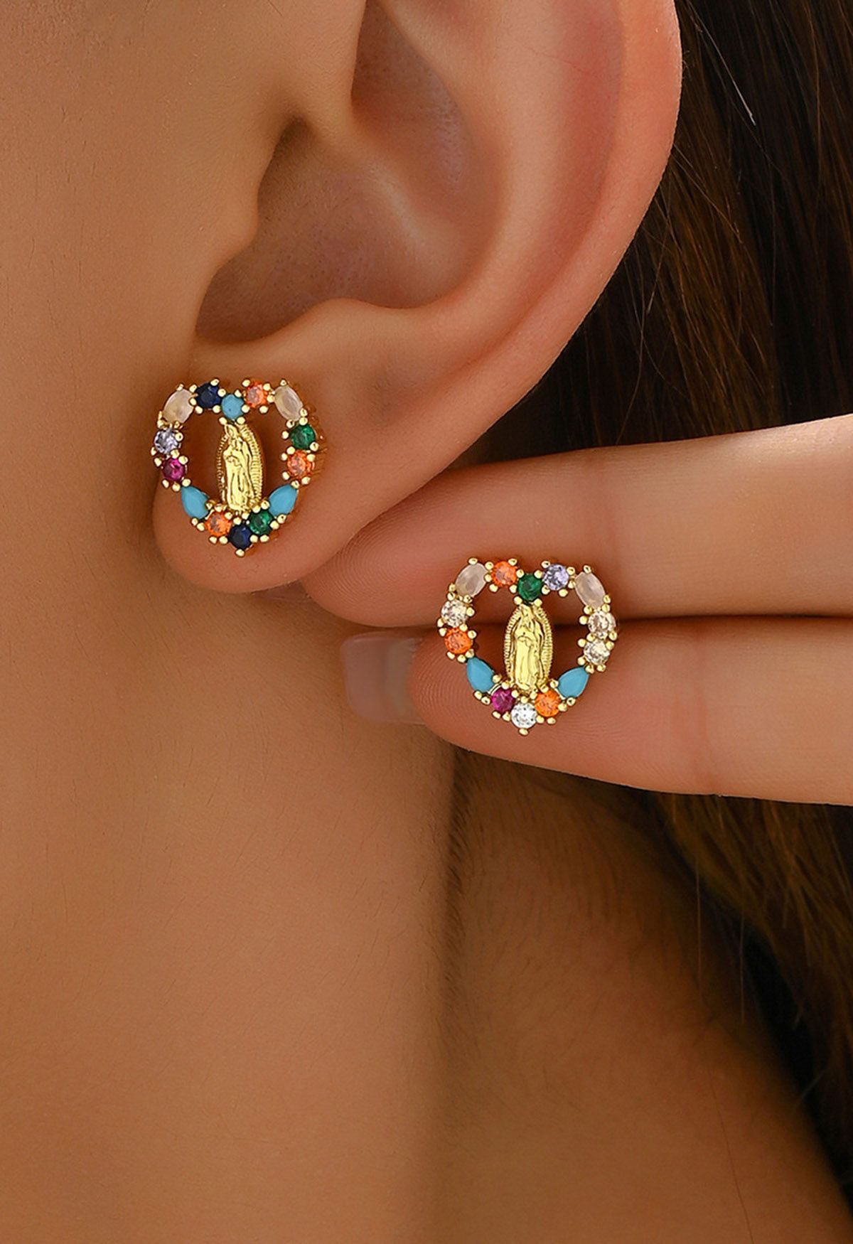 Multicolored Rhinestones Virgin Mary Heart Earrings