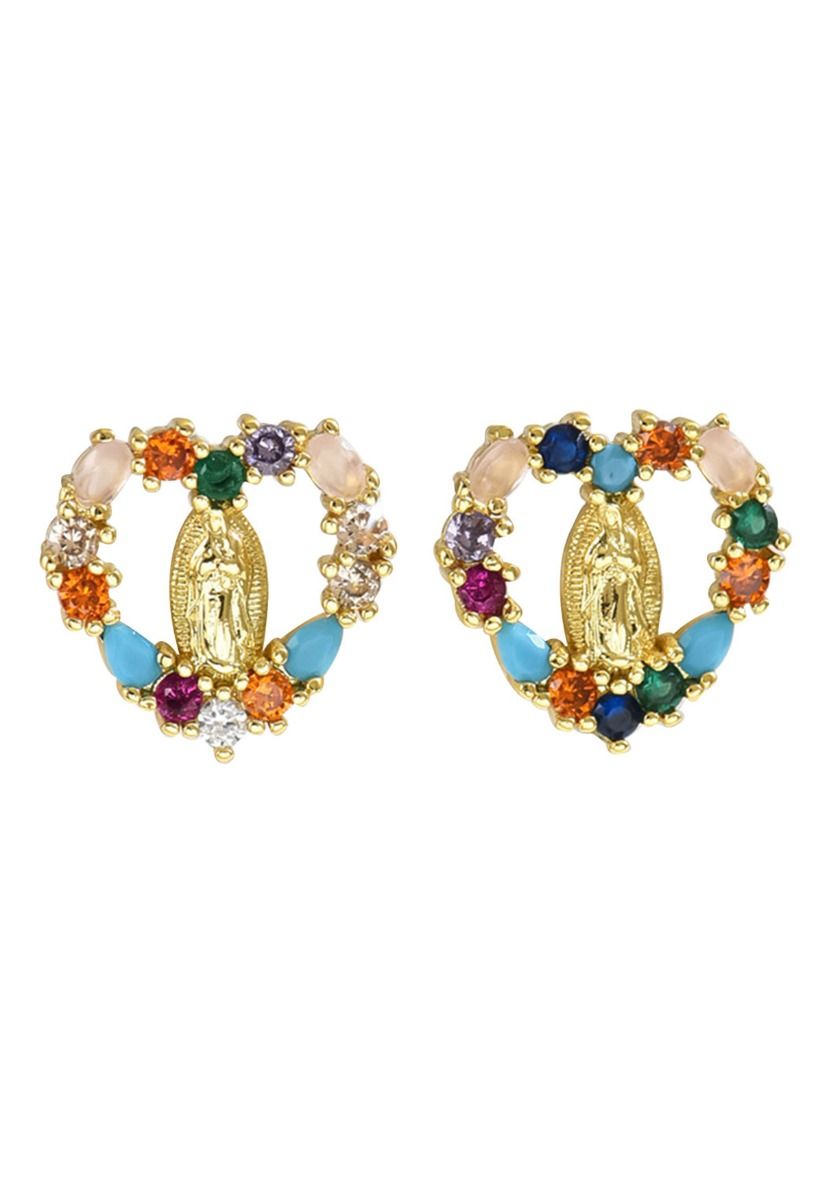 Multicolored Rhinestones Virgin Mary Heart Earrings