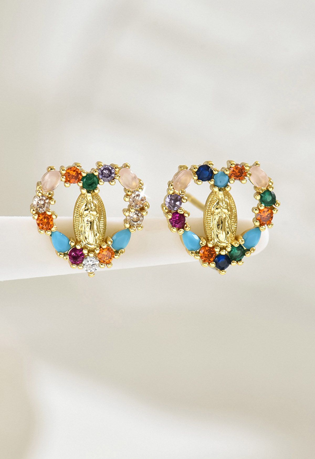 Multicolored Rhinestones Virgin Mary Heart Earrings