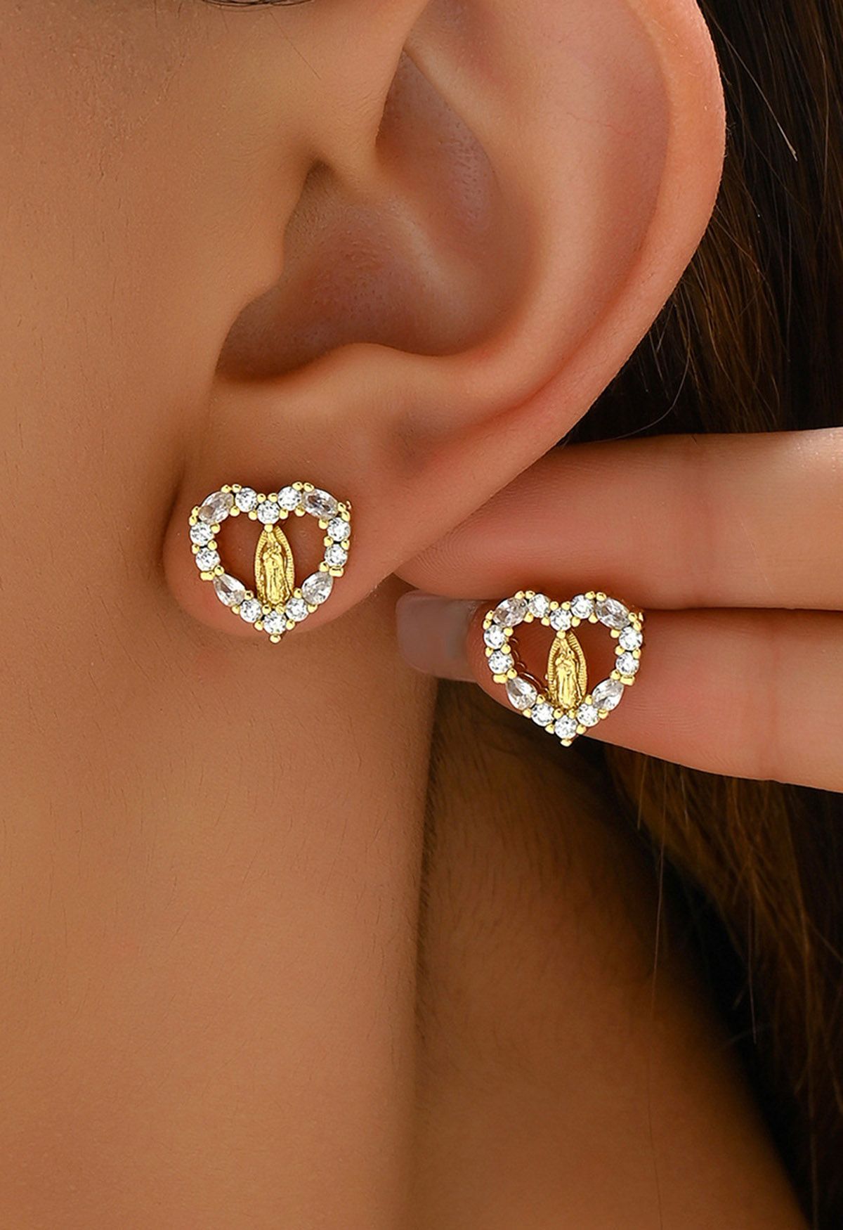 Rhinestones Virgin Mary Heart Earrings